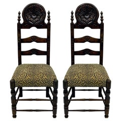 19th-C. French Carved Oak Ladder Back Side Chairs In Vintage Leopard - Pair