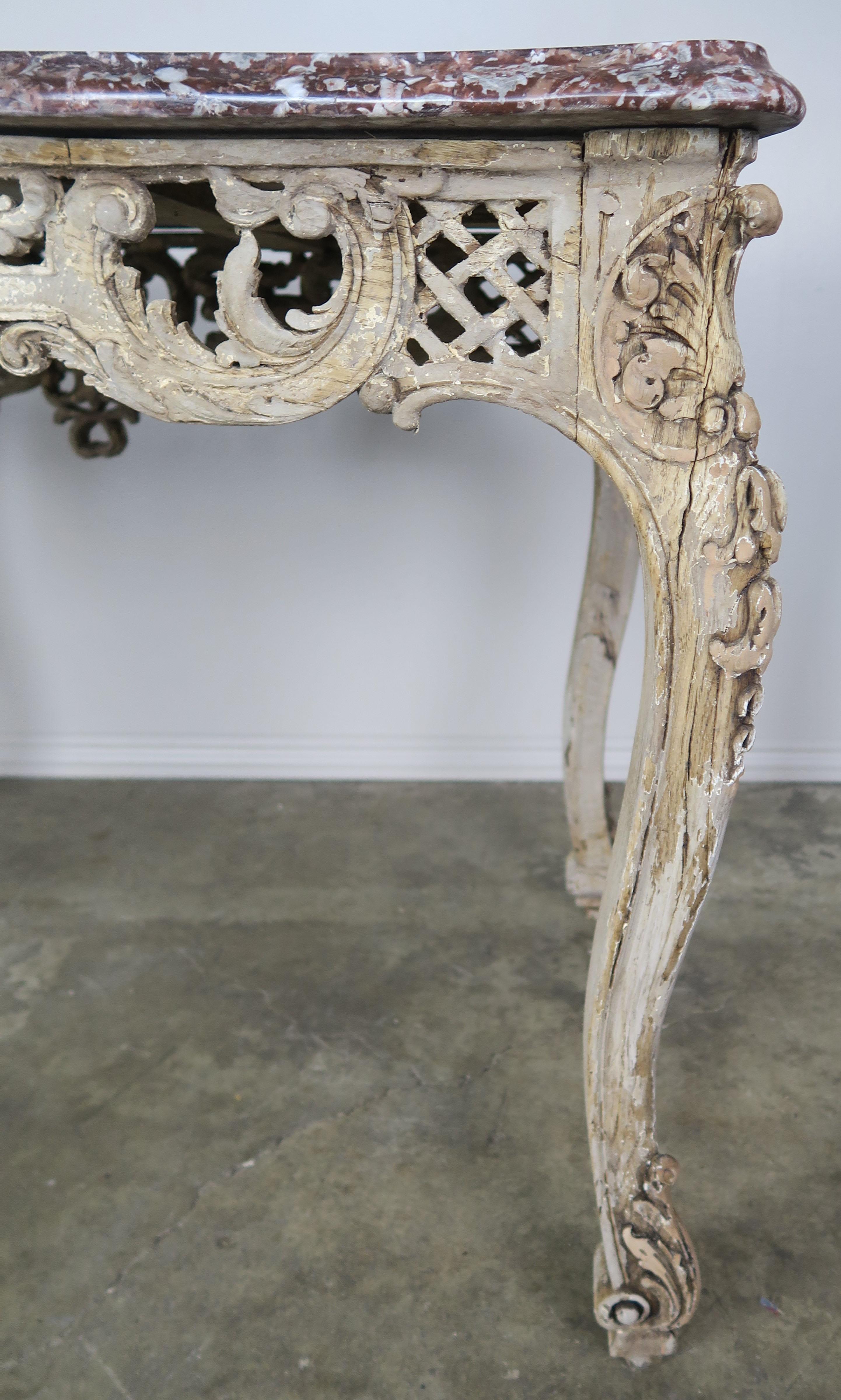 19th Century French Carved Table with Marble Top In Distressed Condition In Los Angeles, CA