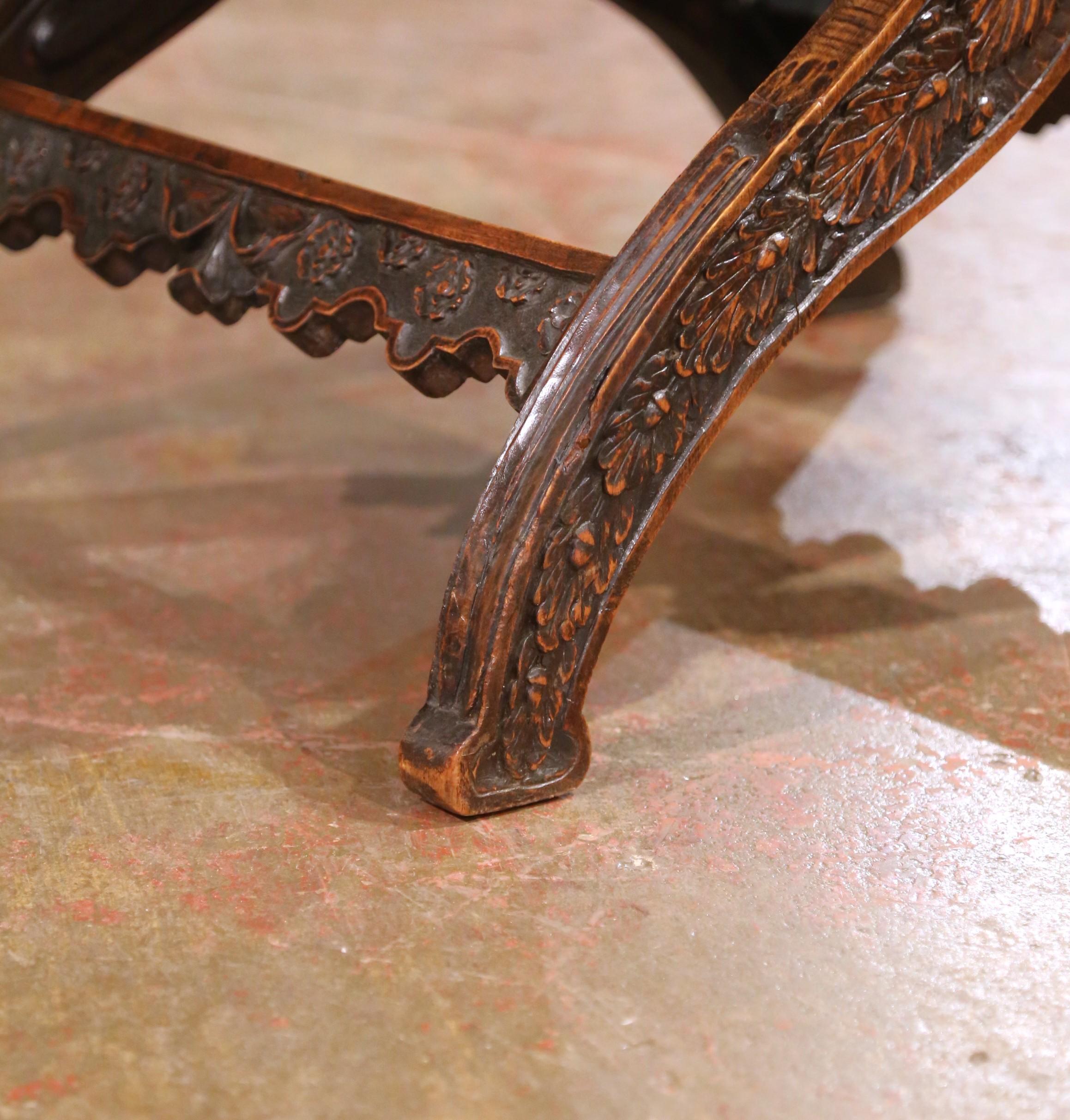 19th C. French Carved Walnut Dagobert Curule Armchair with Tooled Leather For Sale 4