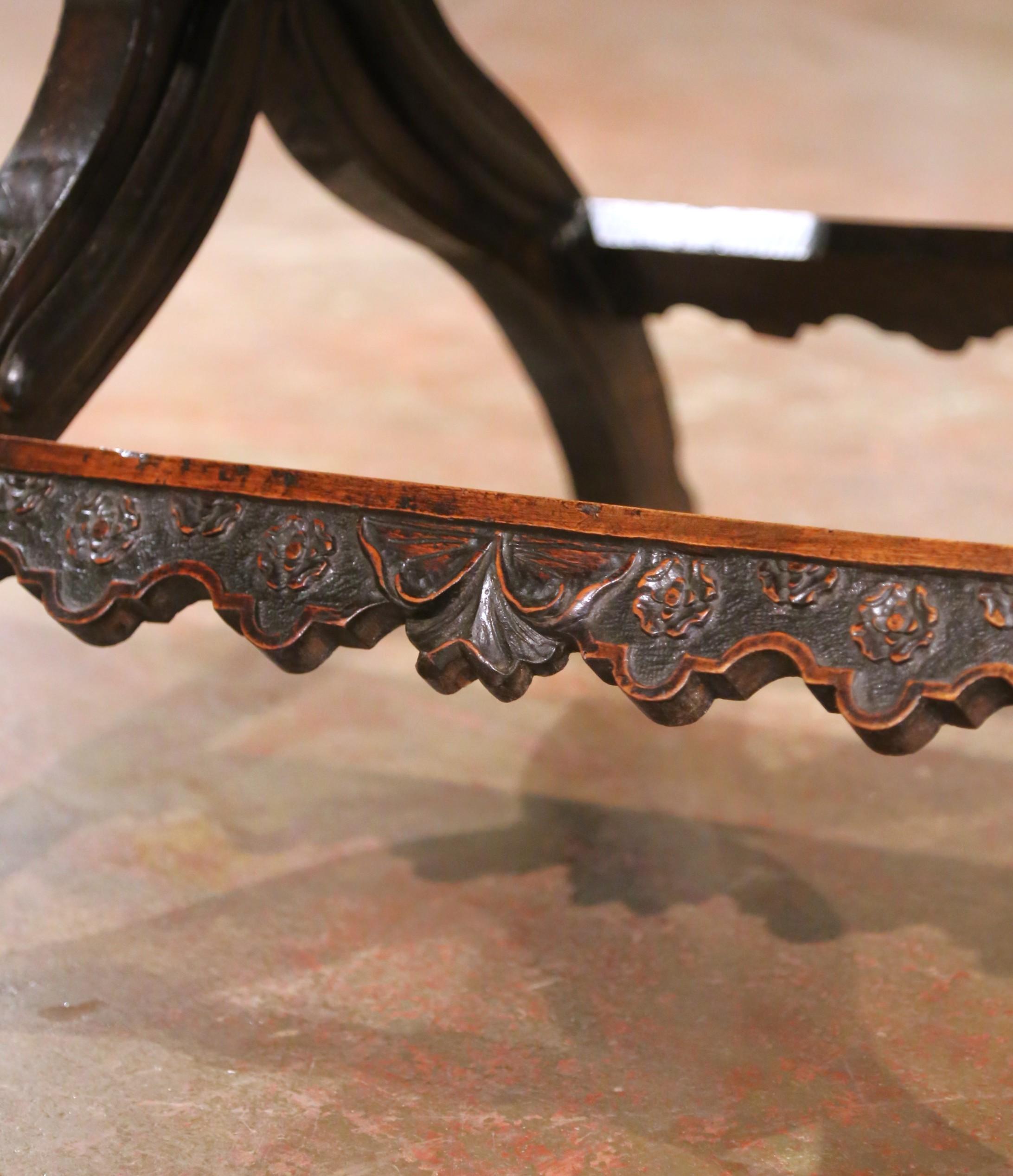 19th C. French Carved Walnut Dagobert Curule Armchair with Tooled Leather For Sale 5