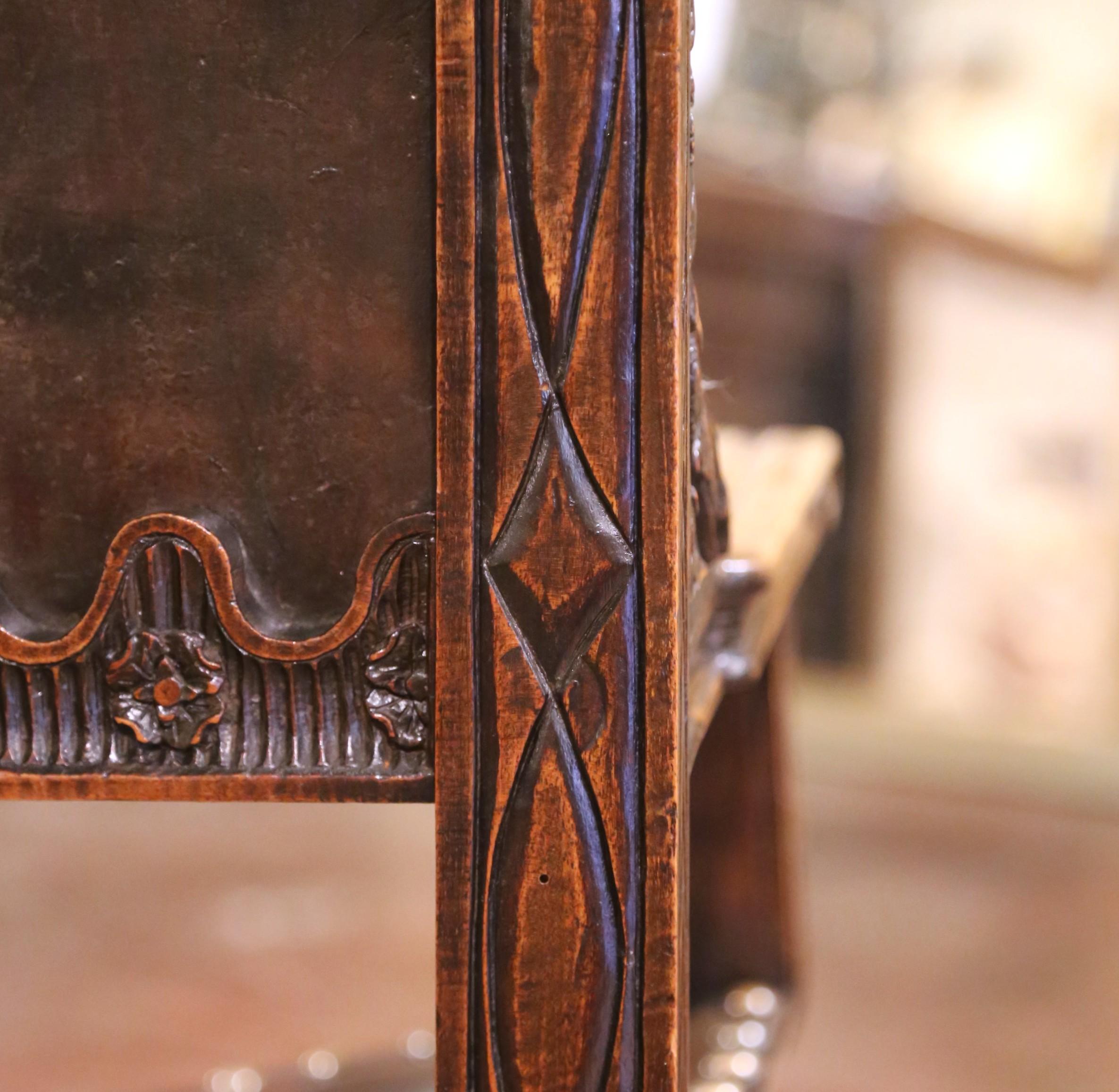 19th C. French Carved Walnut Dagobert Curule Armchair with Tooled Leather For Sale 7