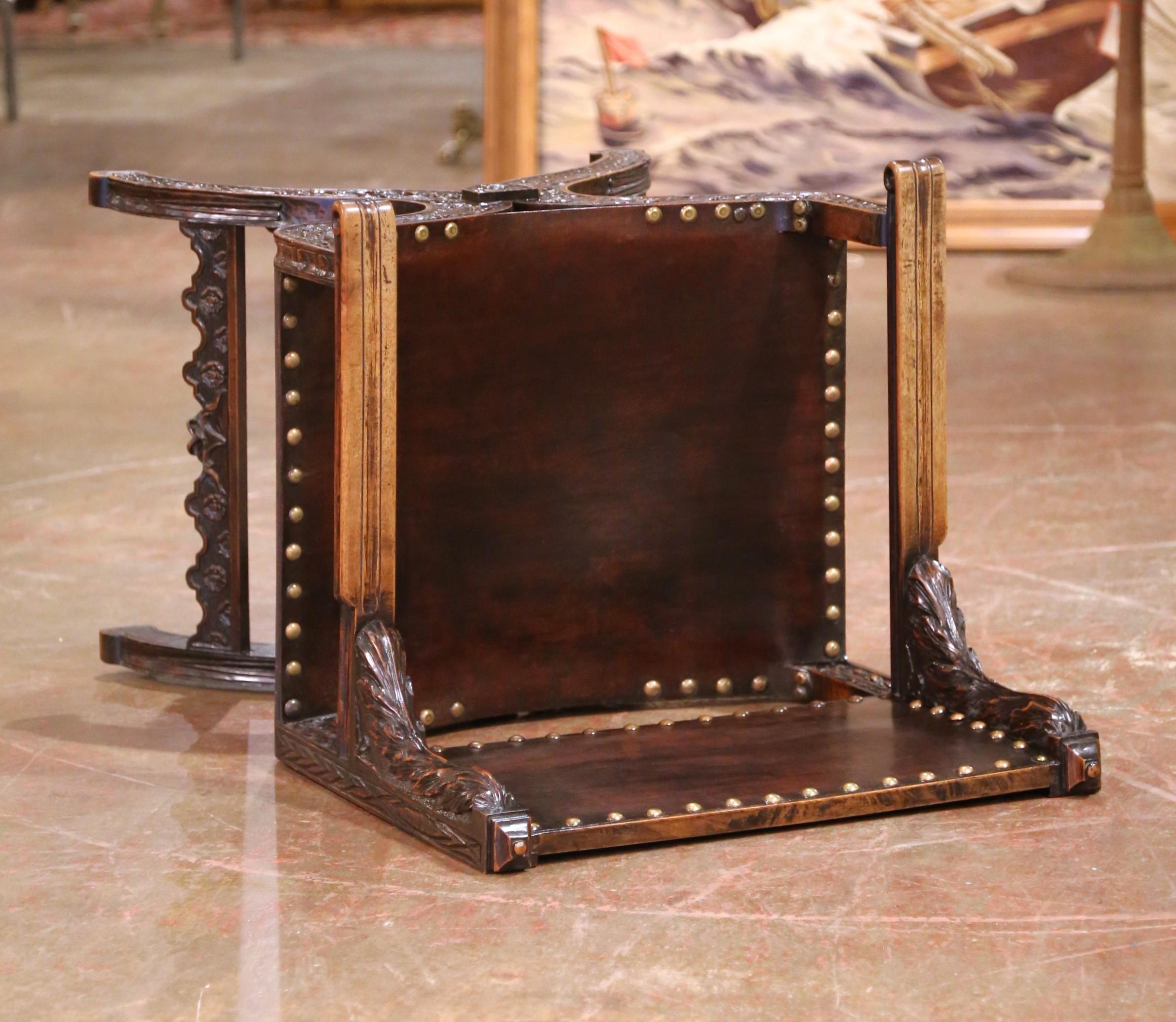 19th C. French Carved Walnut Dagobert Curule Armchair with Tooled Leather For Sale 10