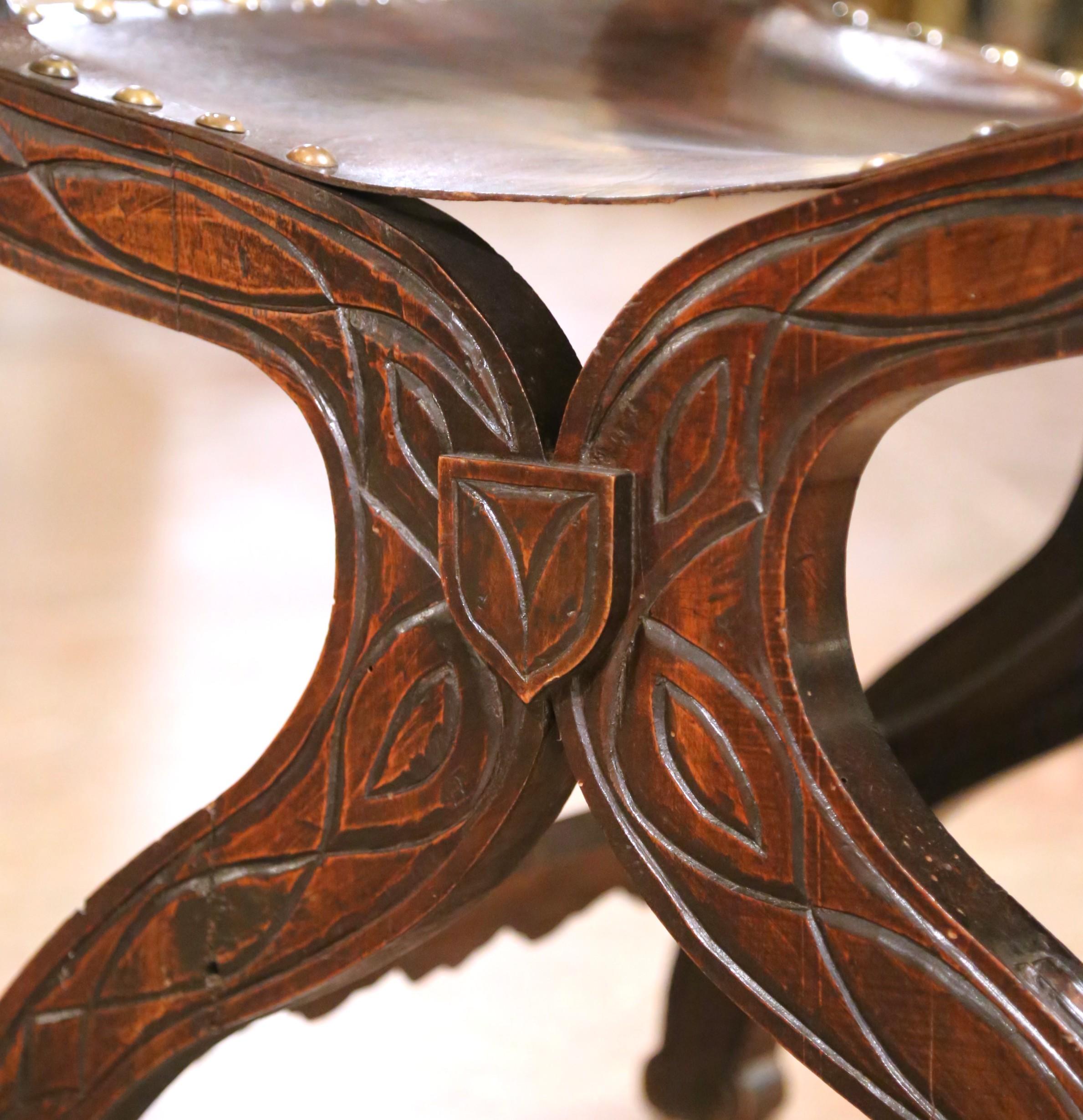 19th C. French Carved Walnut Dagobert Curule Armchair with Tooled Leather For Sale 11