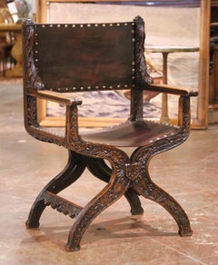 19th C. French Carved Walnut Dagobert Curule Armchair with Tooled Leather