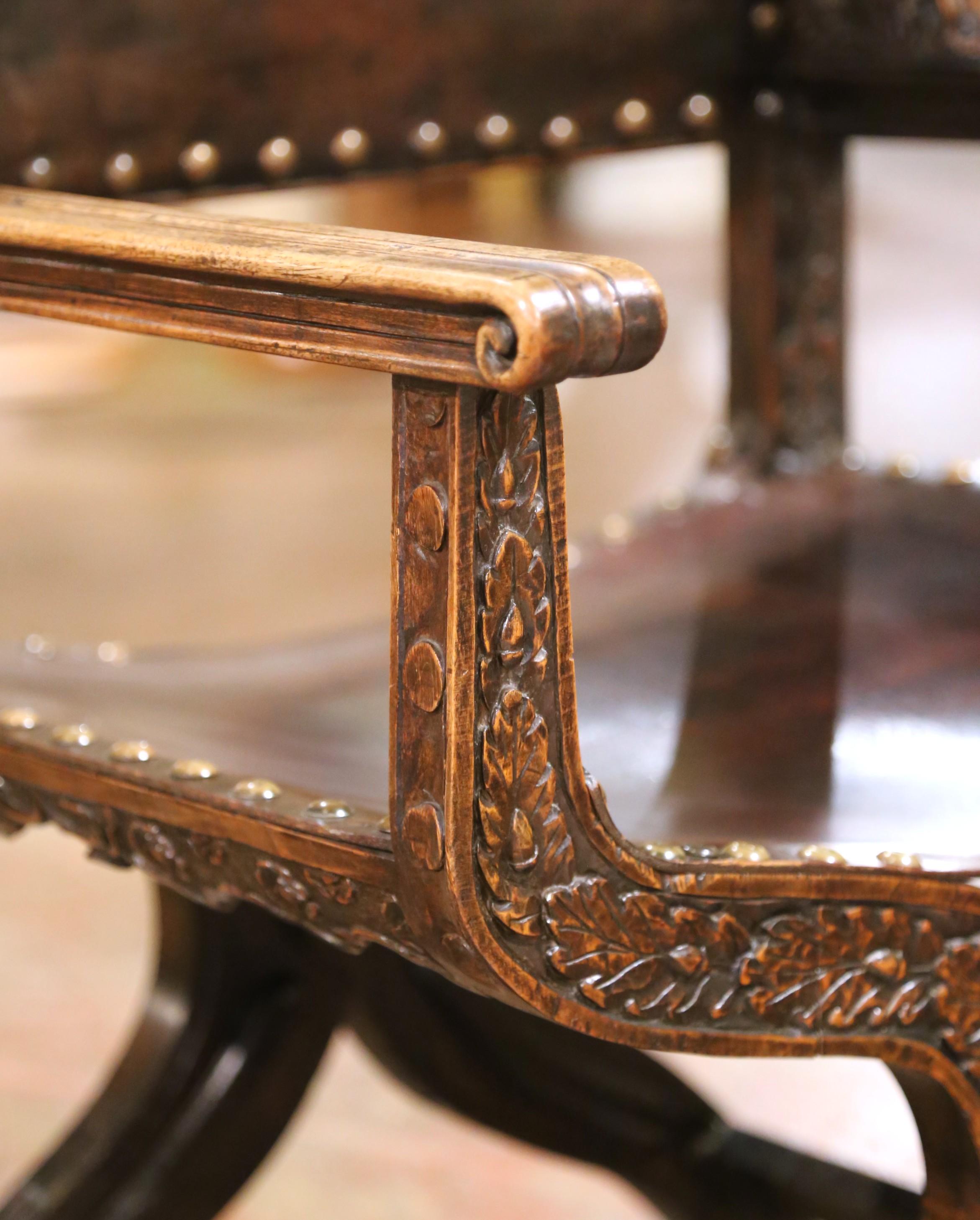 Renaissance 19th C. French Carved Walnut Dagobert Curule Armchair with Tooled Leather For Sale