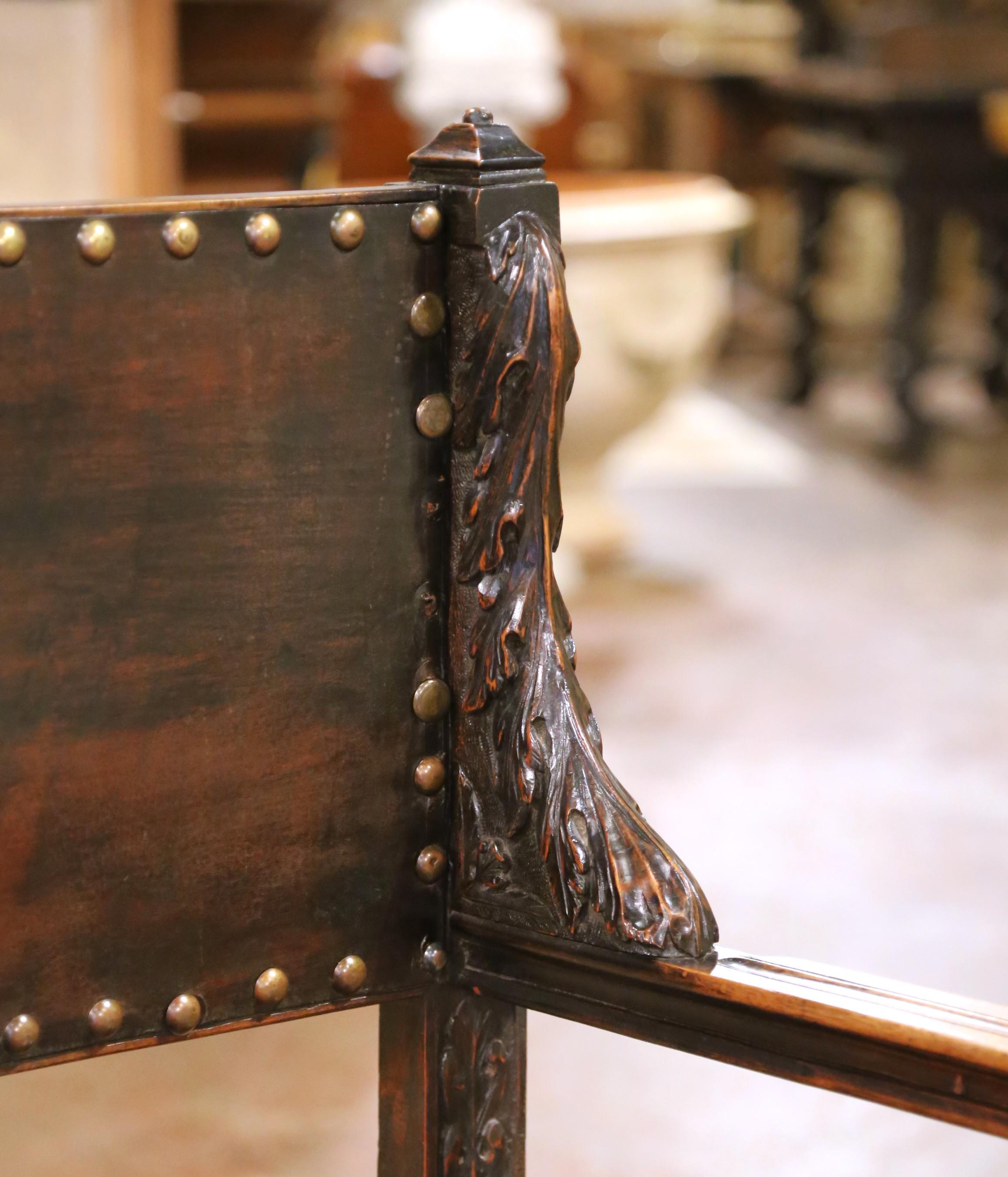 19th C. French Carved Walnut Dagobert Curule Armchair with Tooled Leather In Excellent Condition For Sale In Dallas, TX