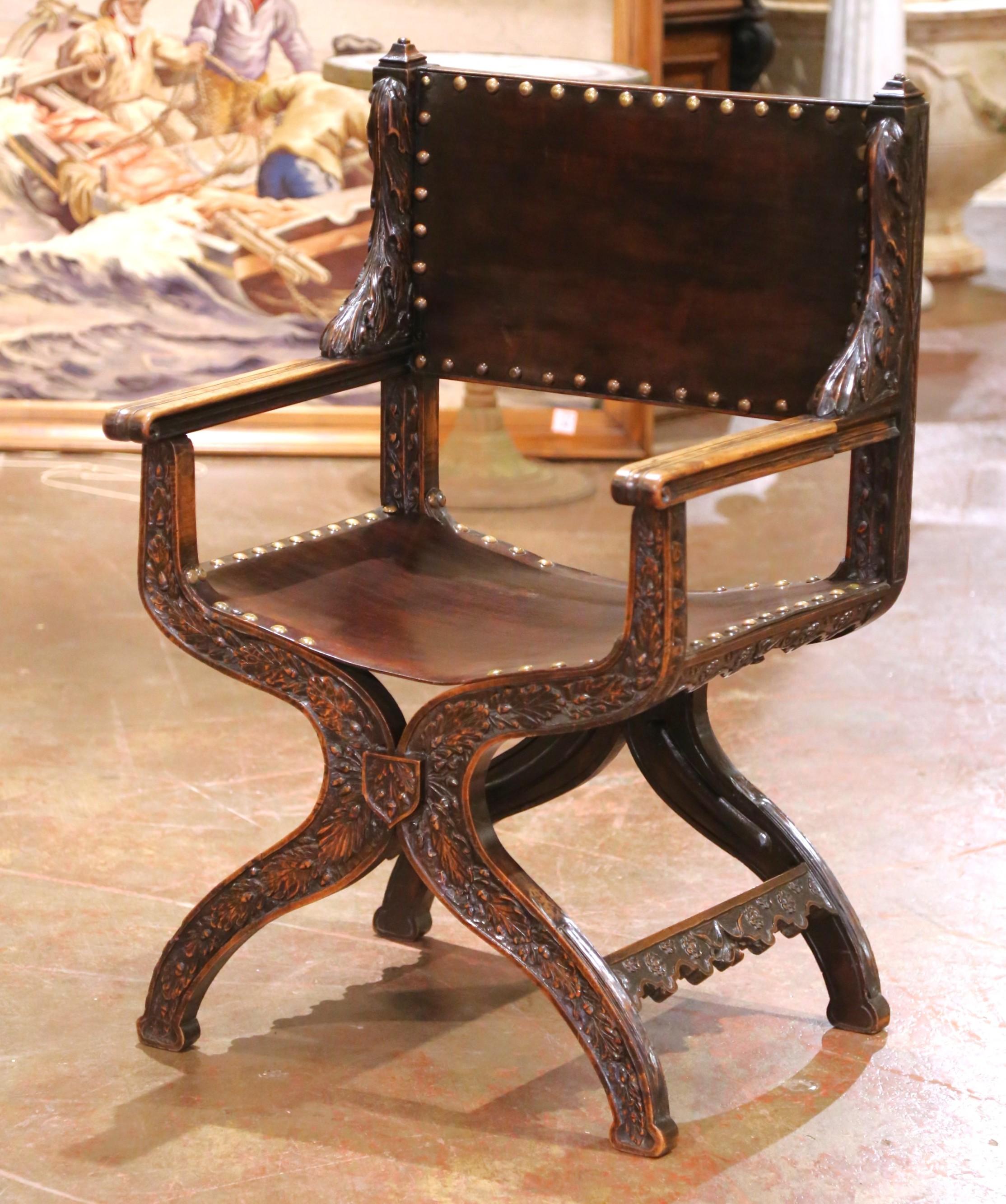 19th C. French Carved Walnut Dagobert Curule Armchair with Tooled Leather For Sale 1