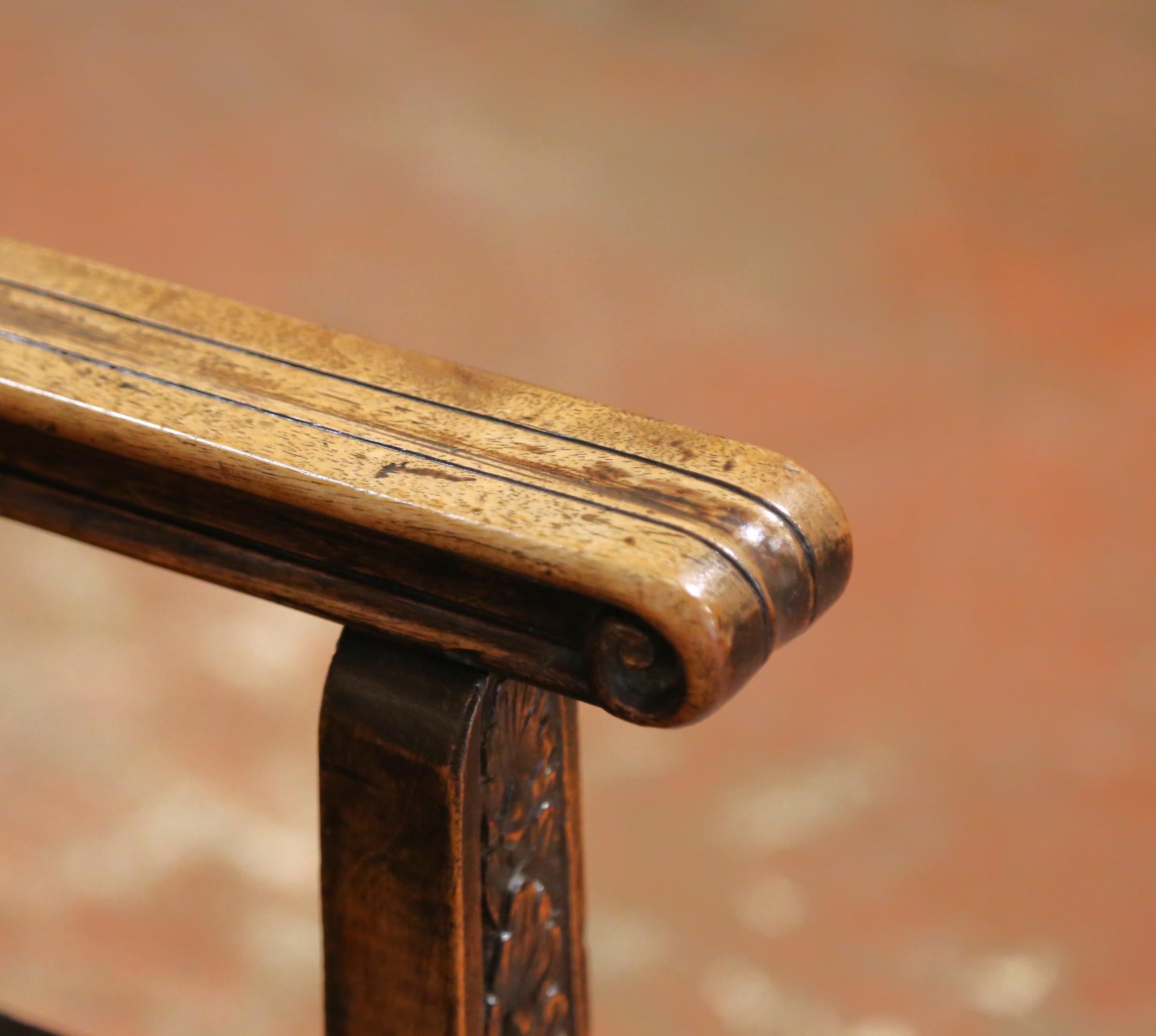 19th C. French Carved Walnut Dagobert Curule Armchair with Tooled Leather For Sale 2