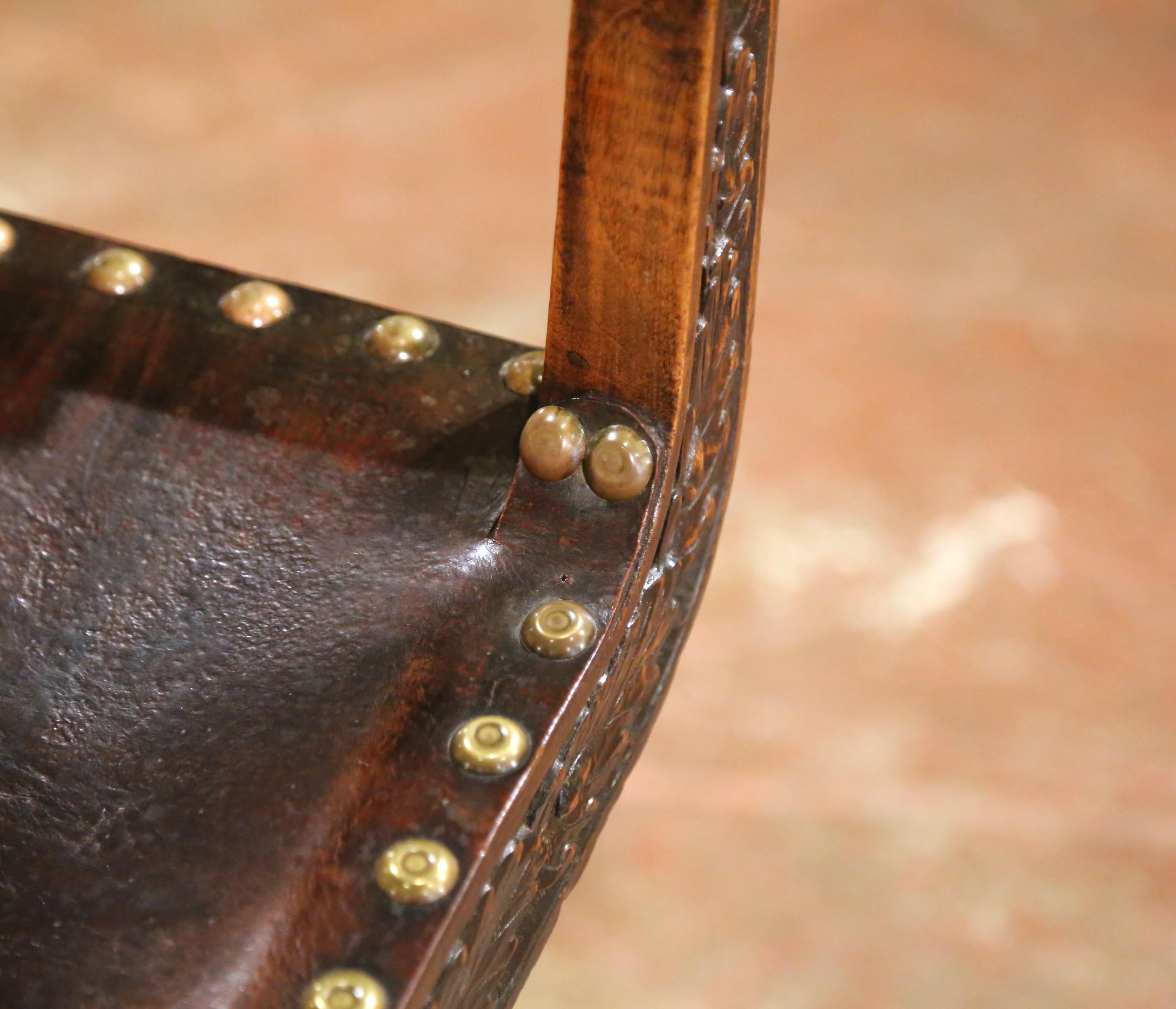 19th C. French Carved Walnut Dagobert Curule Armchair with Tooled Leather For Sale 3