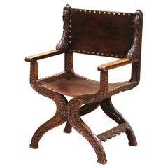 19th C. French Carved Walnut Dagobert Curule Armchair with Tooled Leather