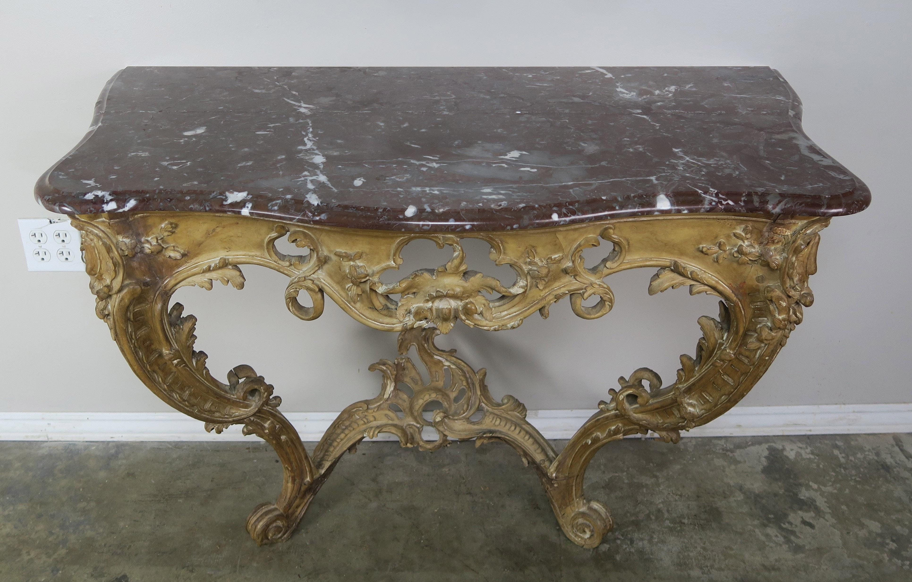 Baroque 19th Century French Carved Wood Console with Marble Top