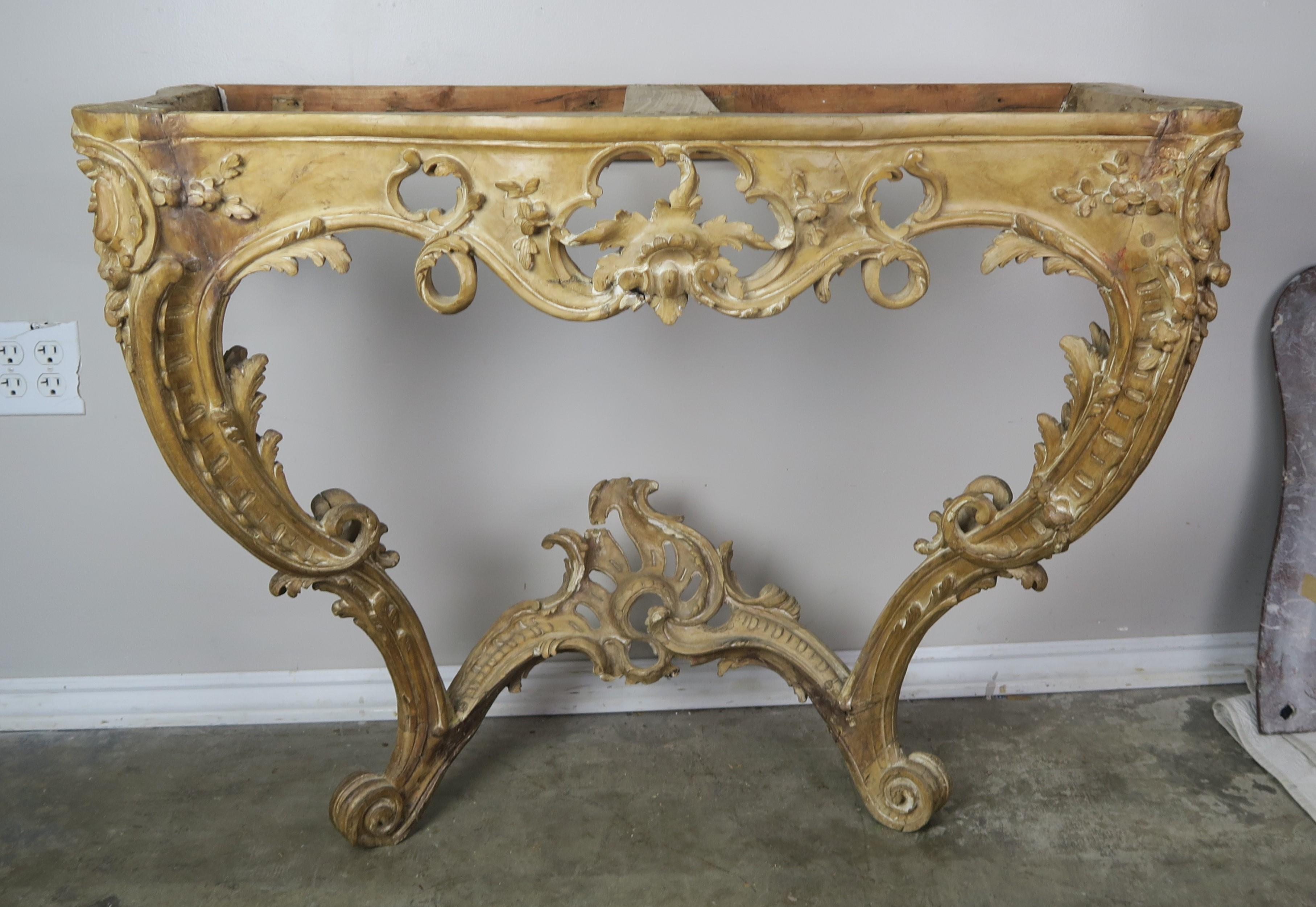 Bleached 19th Century French Carved Wood Console with Marble Top