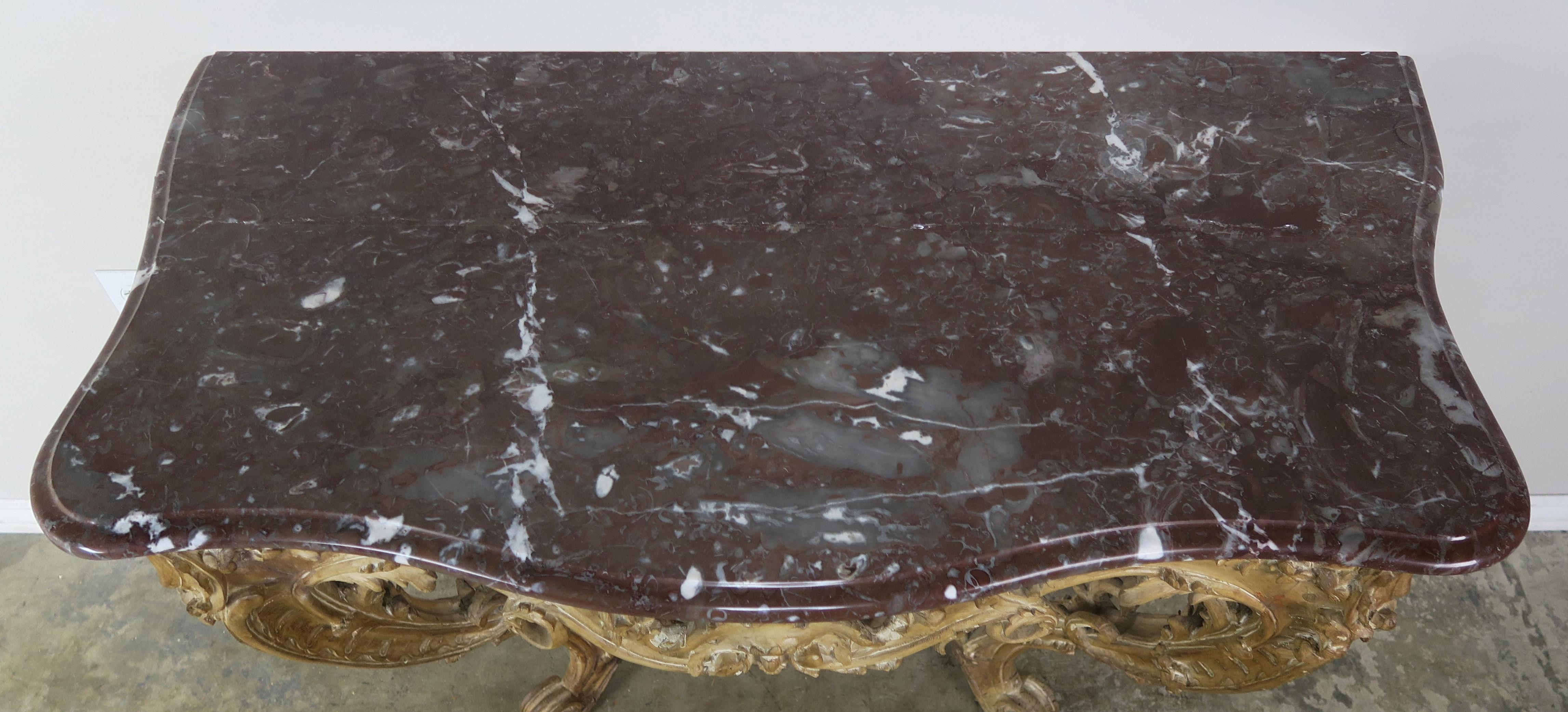 19th Century French Carved Wood Console with Marble Top In Distressed Condition In Los Angeles, CA