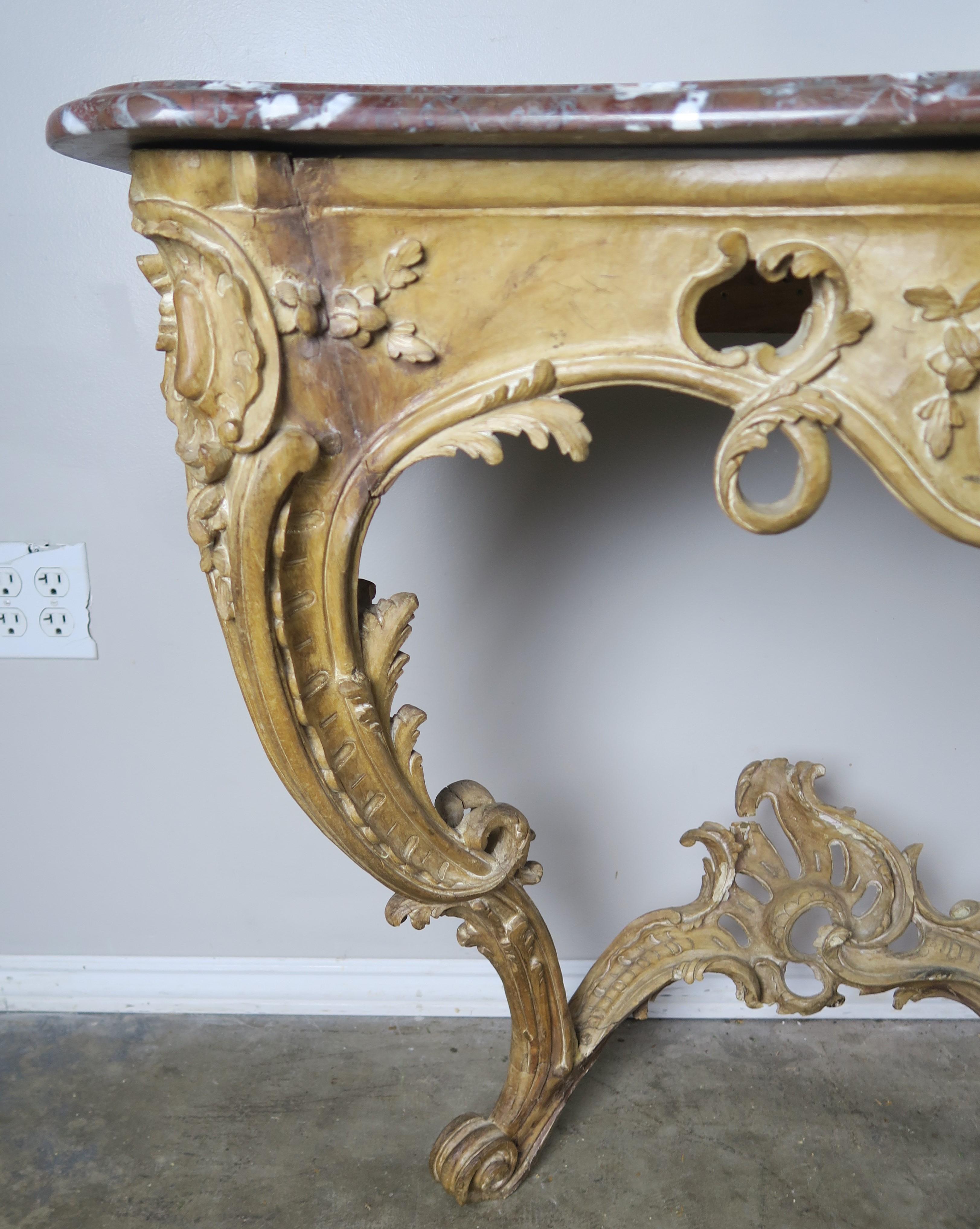 Walnut 19th Century French Carved Wood Console with Marble Top