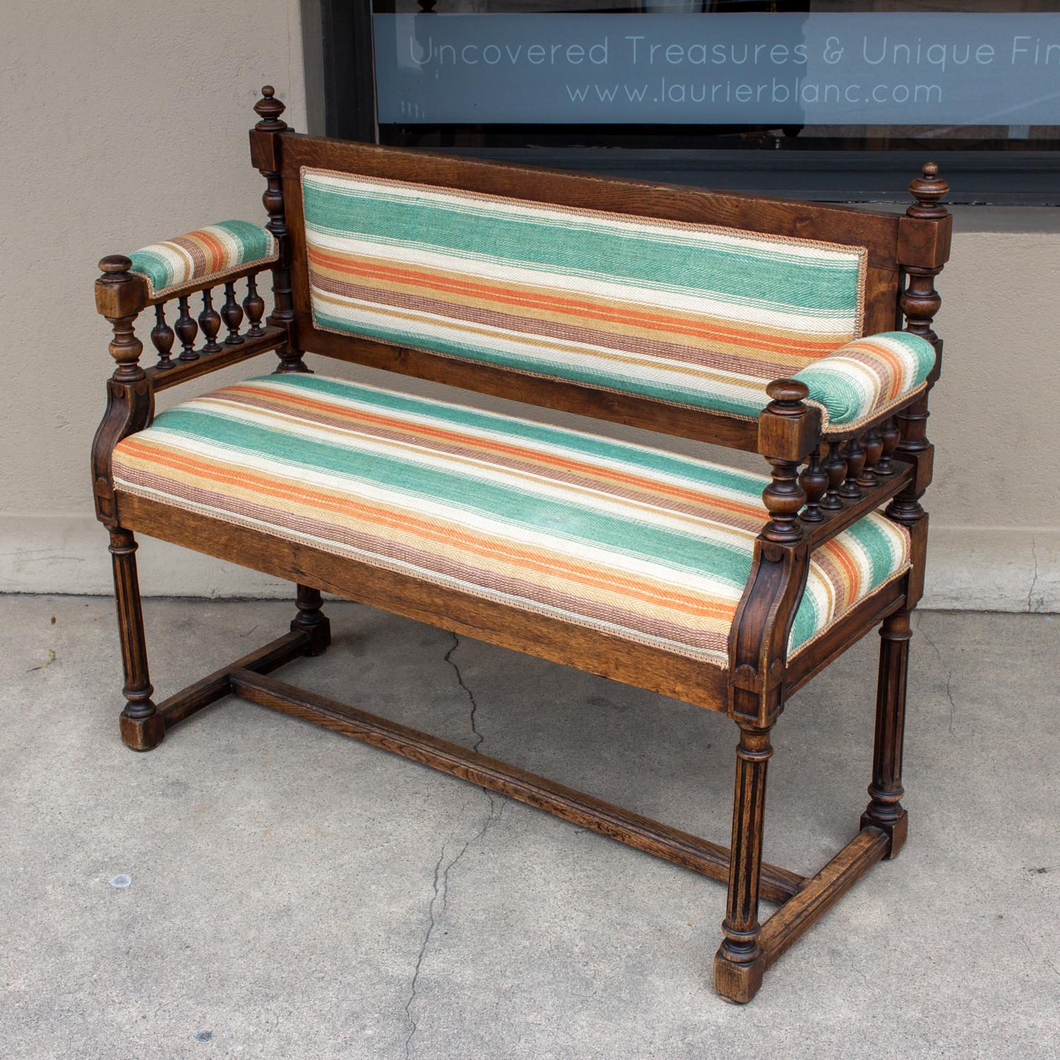 19th Century French Carved Wood Hall Bench with Upholstery In Good Condition In Houston, TX