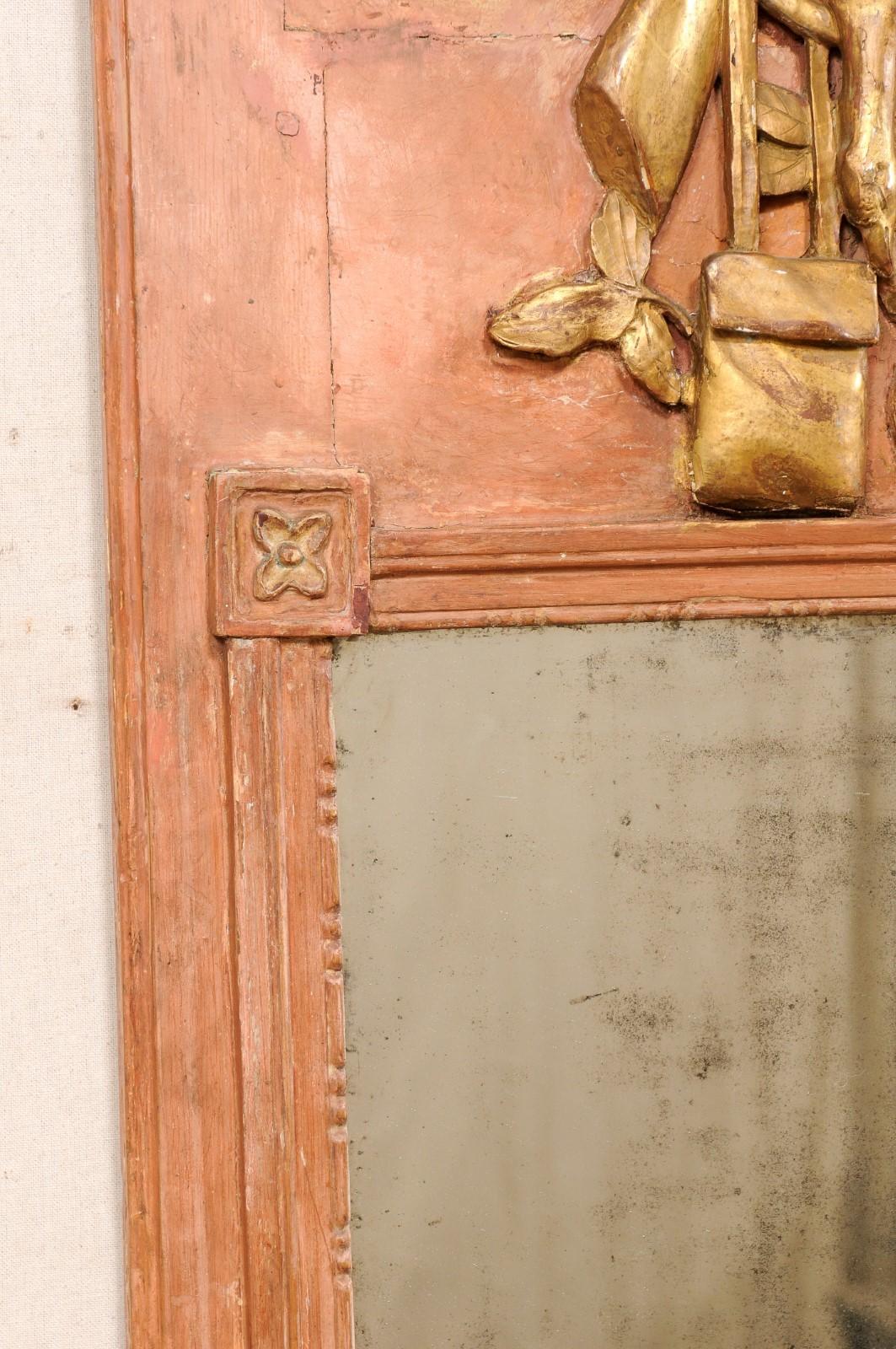Miroir de pilier en bois sculpté français du 19e siècle avec corne de renard, faisan et flèches au sommet Bon état - En vente à Atlanta, GA