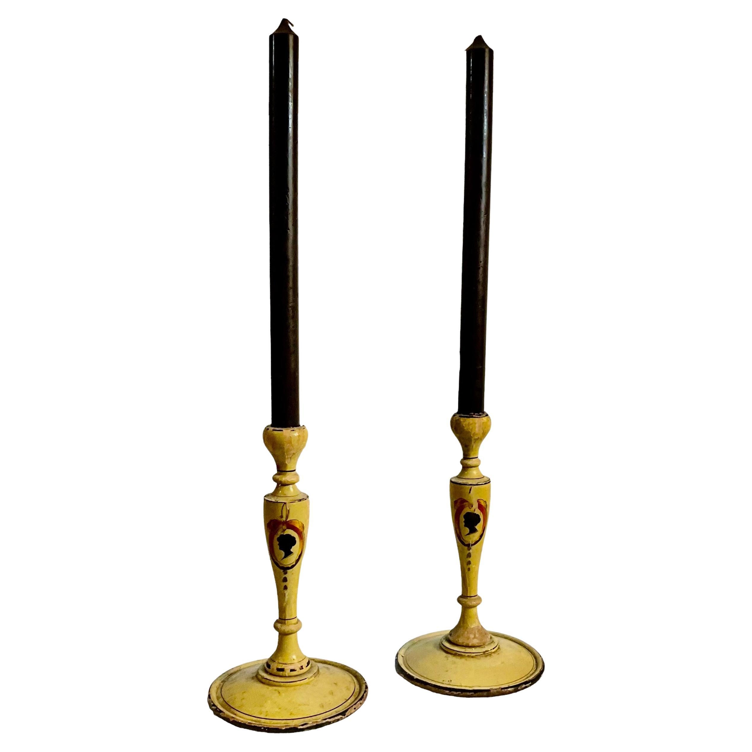 19th-C. French Carved Wood Tole Candlesticks W/ Silhouettes & Mustard Paint -2