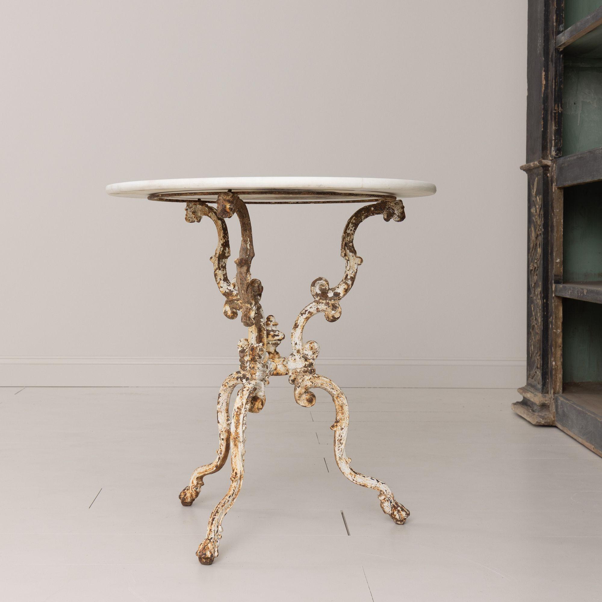 19th C. French Cast Iron Gueridon Table with Original Paint and Carrara Marble 7