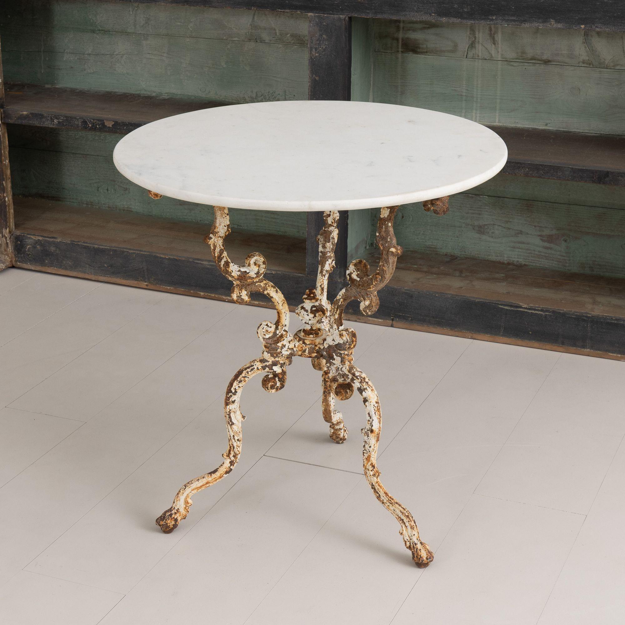 19th C. French Cast Iron Gueridon Table with Original Paint and Carrara Marble 1