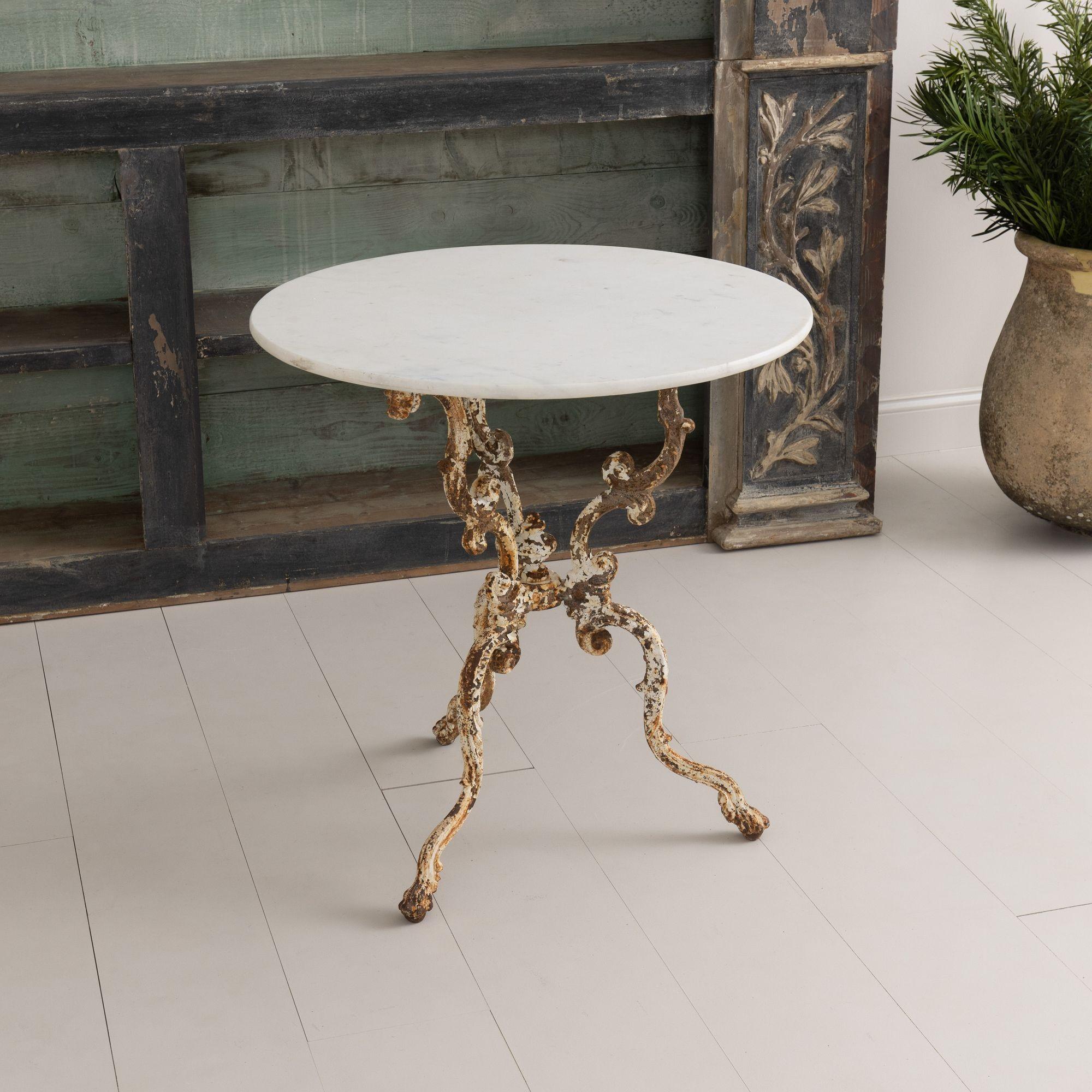 19th C. French Cast Iron Gueridon Table with Original Paint and Carrara Marble 2