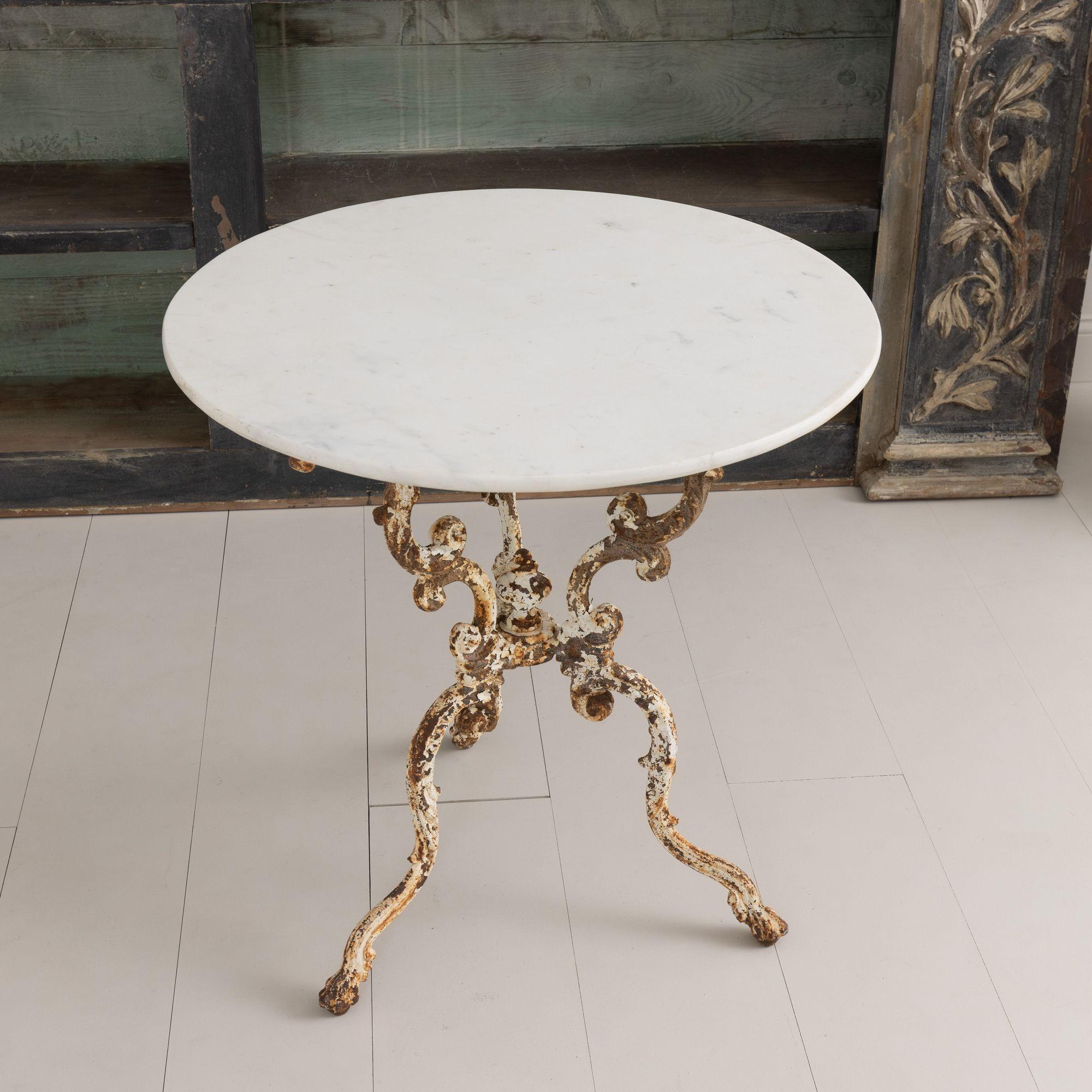 19th C. French Cast Iron Gueridon Table with Original Paint and Carrara Marble 4
