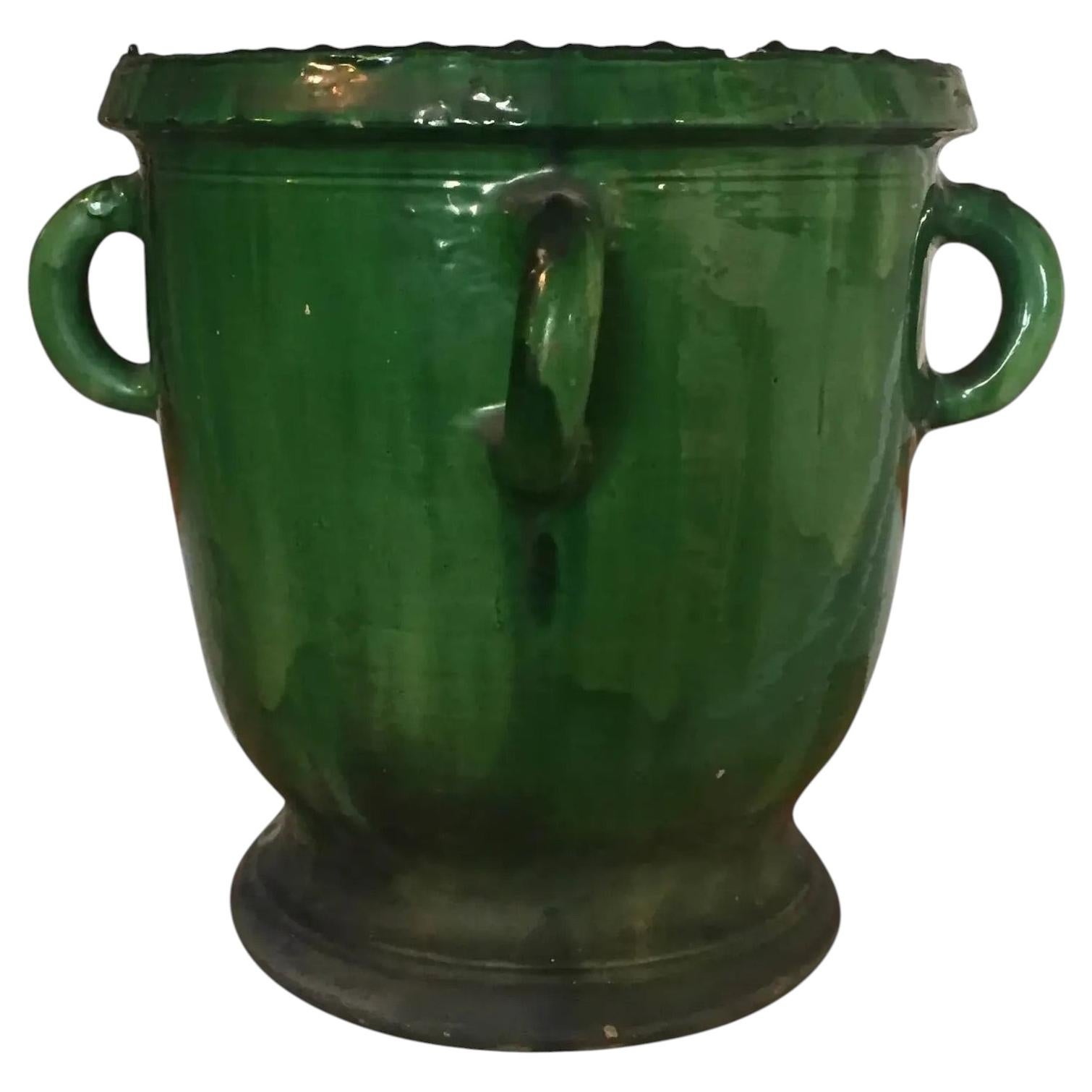XIX sec. Urna da giardino francese Castelnaudary Anduze in terracotta verde smaltata di Provenza