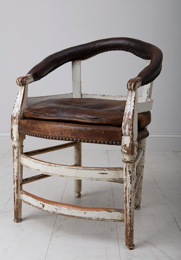 19th c. French Cello Musician's Armchair in Original Patina and Leather 1
