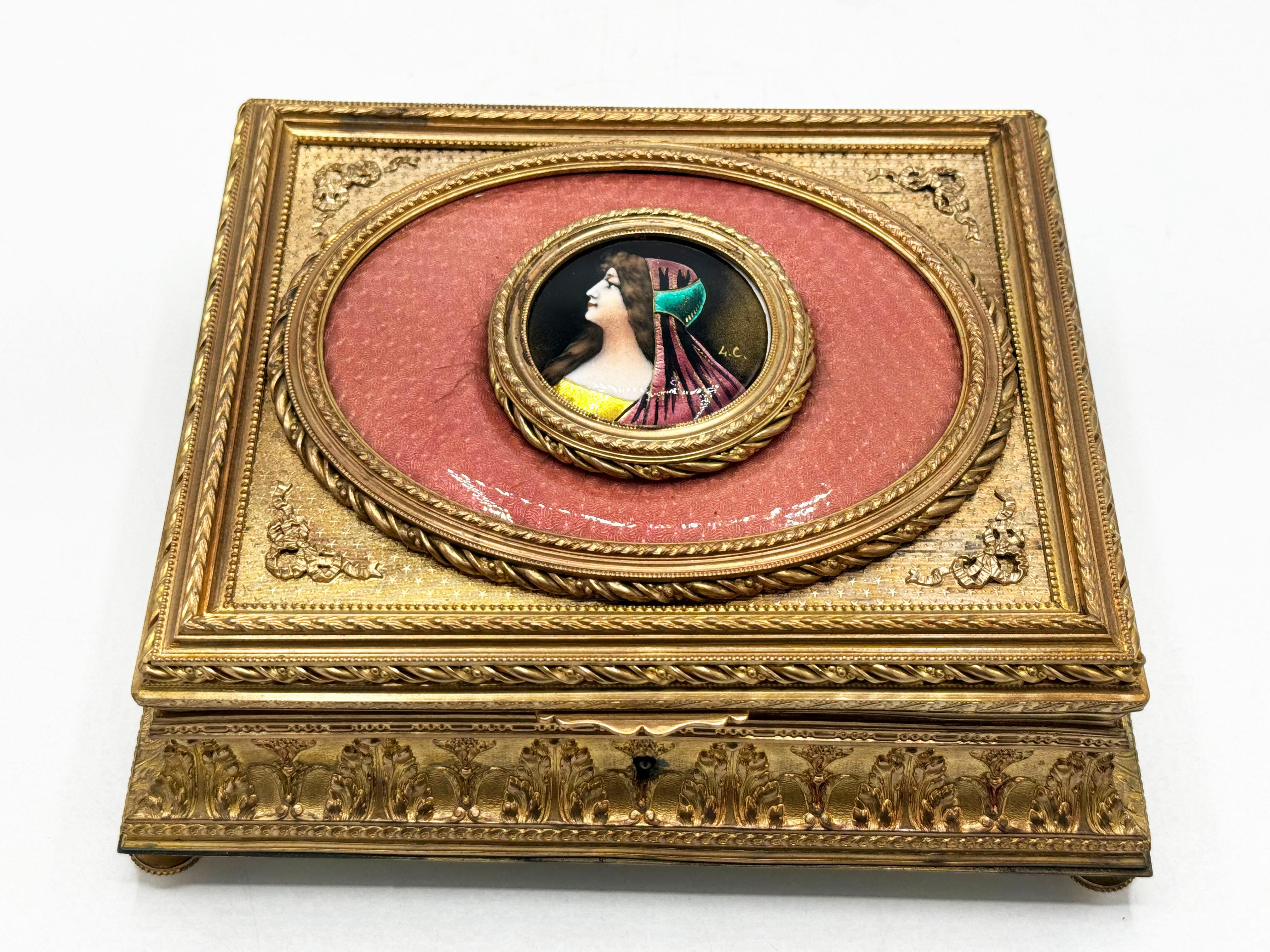 Neoclassical 19th C. French Charming Bronze Jewelry Box with Limoges enamel