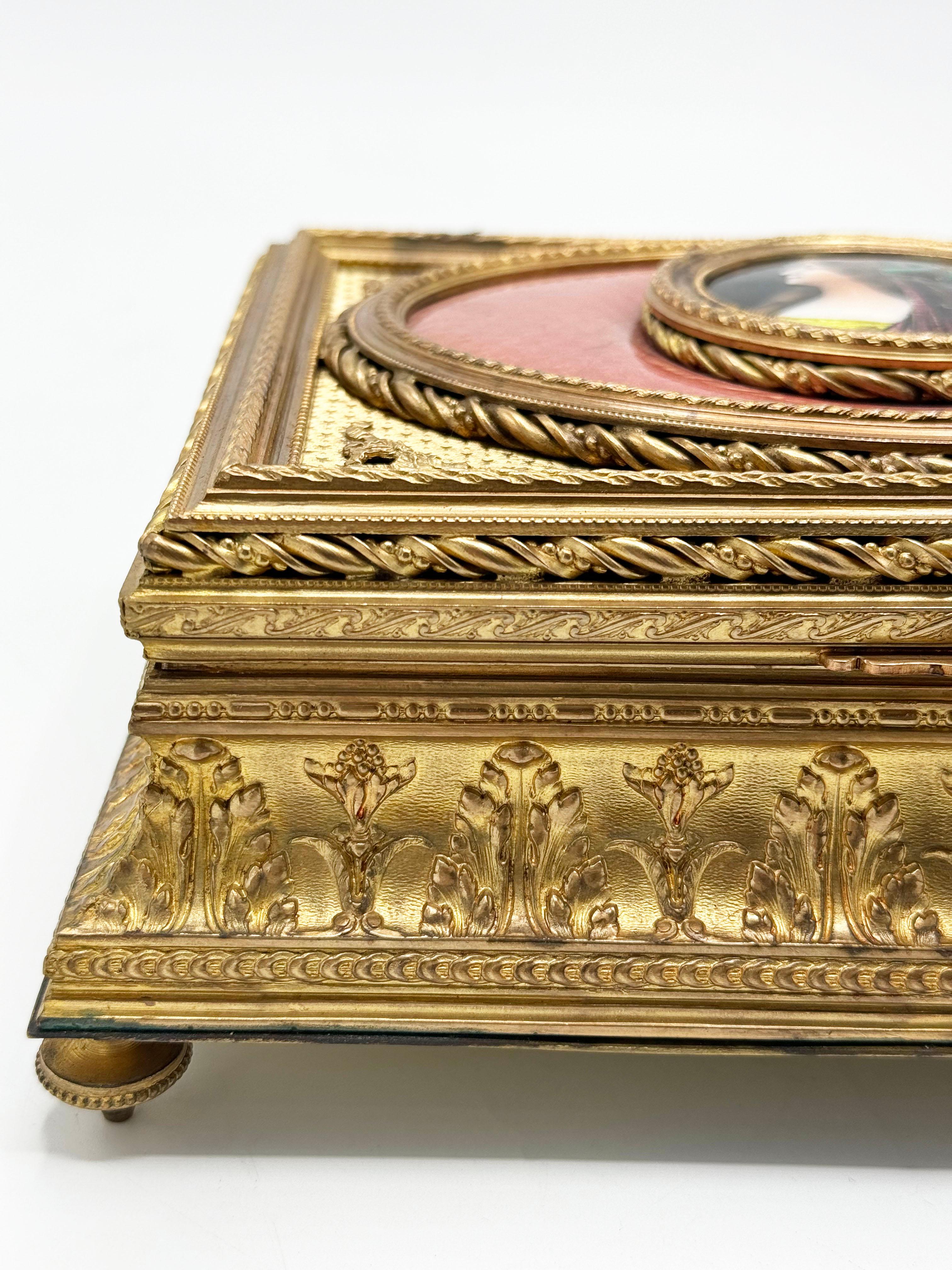 Enameled 19th C. French Charming Bronze Jewelry Box with Limoges enamel