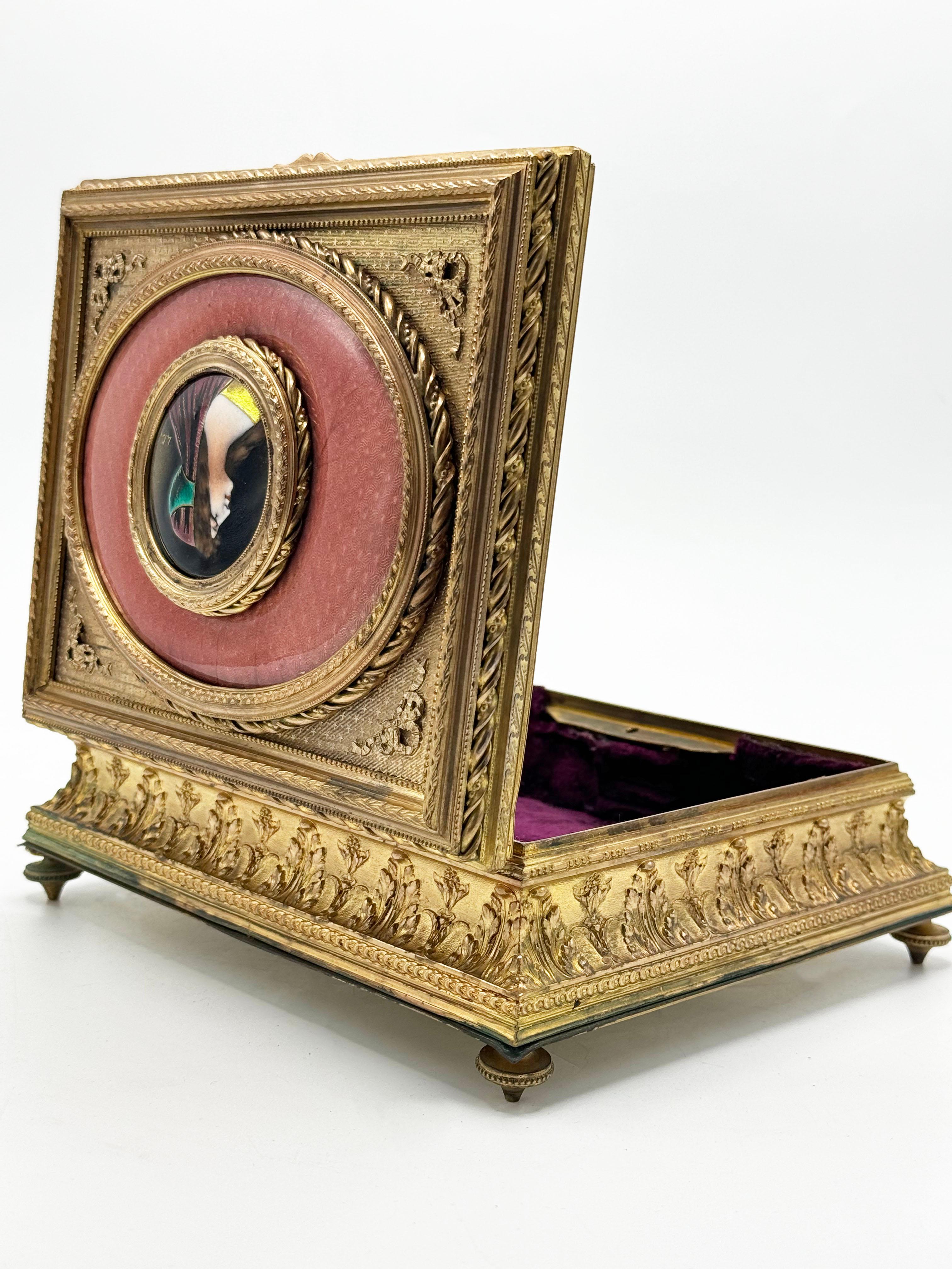 19th C. French Charming Bronze Jewelry Box with Limoges enamel 2