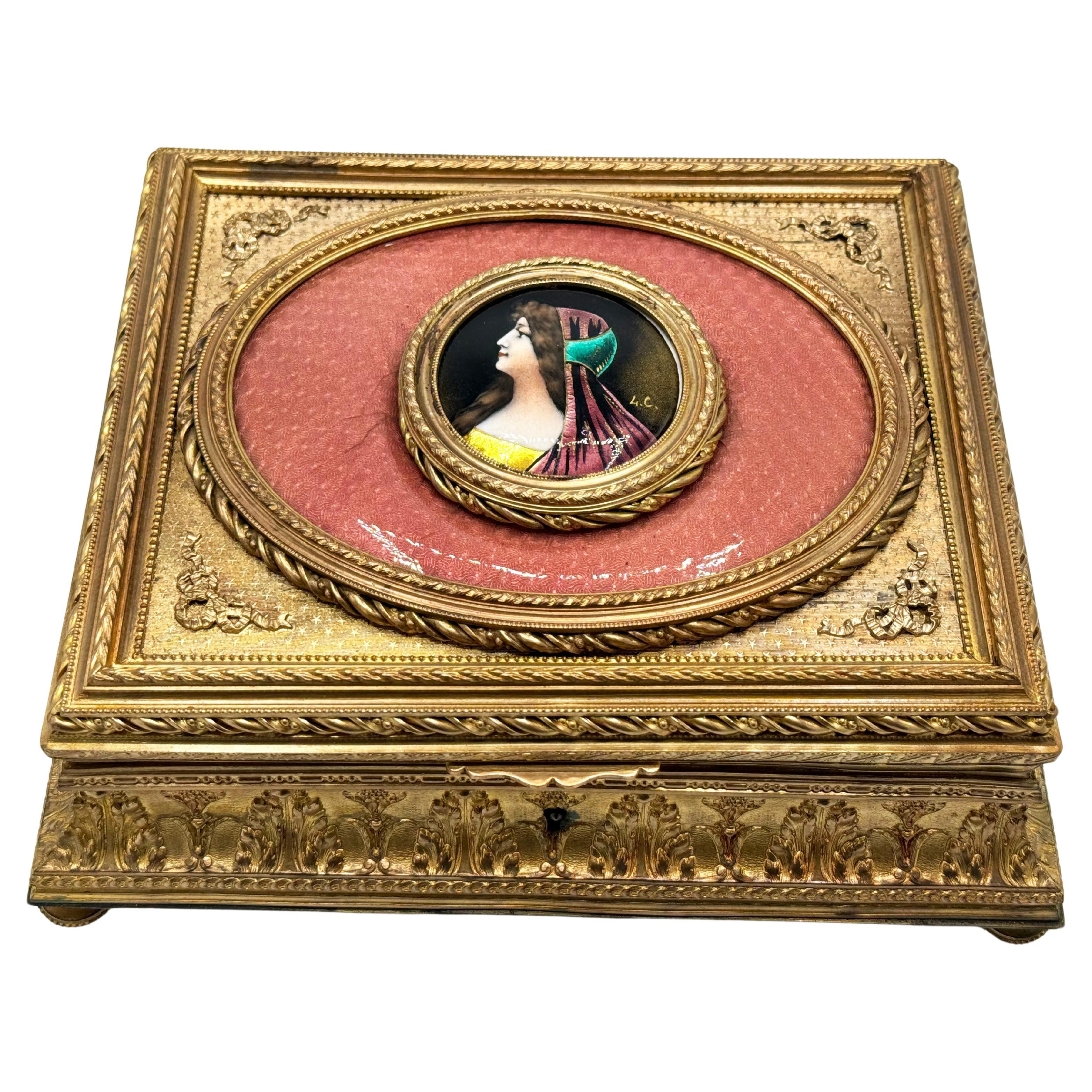 19th C. French Charming Bronze Jewelry Box with Limoges enamel