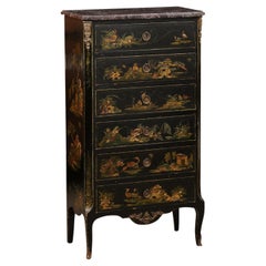 19th C French Chinoiserie Decorated Tall Semanier w/ 6 drawers and Marble top