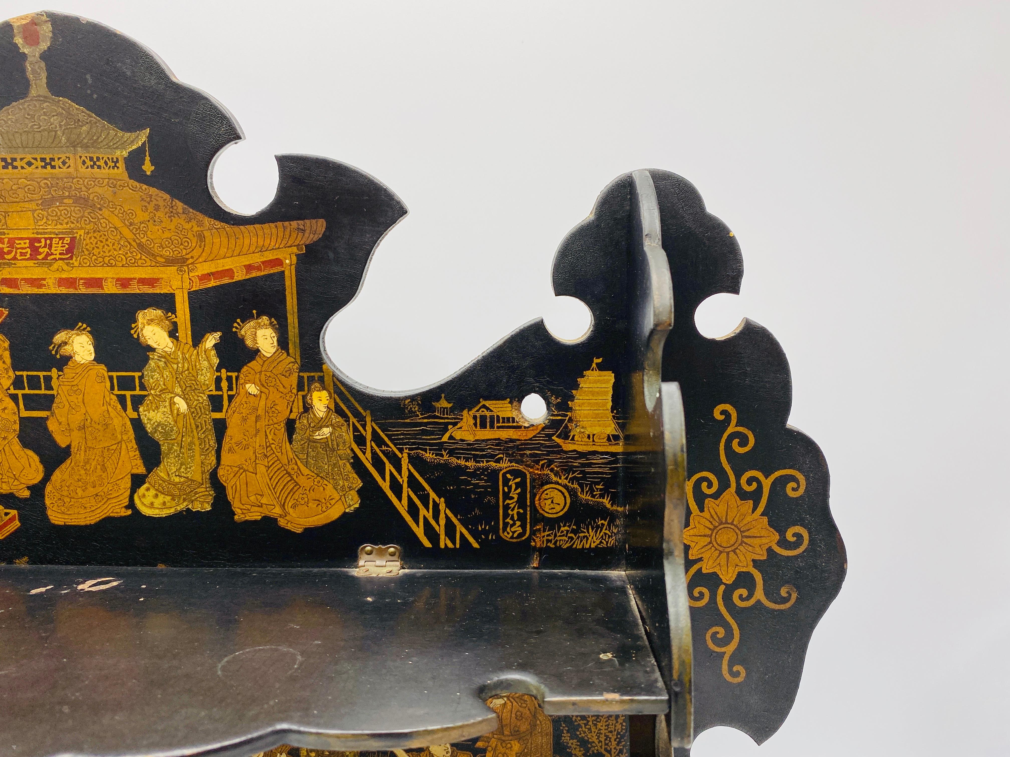 Wood French Chinoiserie Papier Mâché Shelf with an Ornate Pagoda Motif, 19th Century For Sale