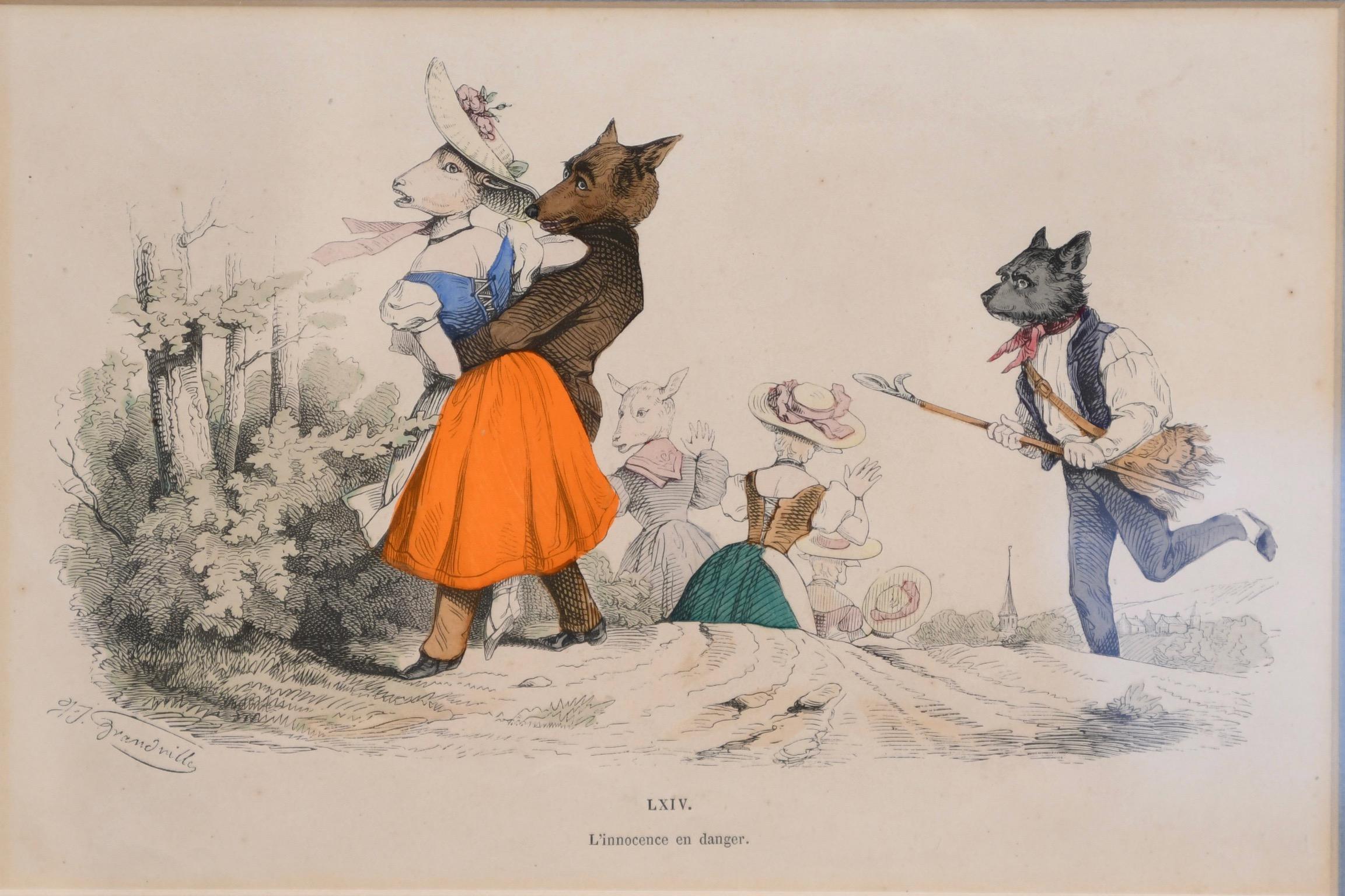 19th century French hand-colored engraving after Grandville, titled and numbered LXIV. L'innocence en danger, signed in engraving FJ. Grandville. One other engraving available in similar frame with different colored mat, titled LVII. Un enlevement,