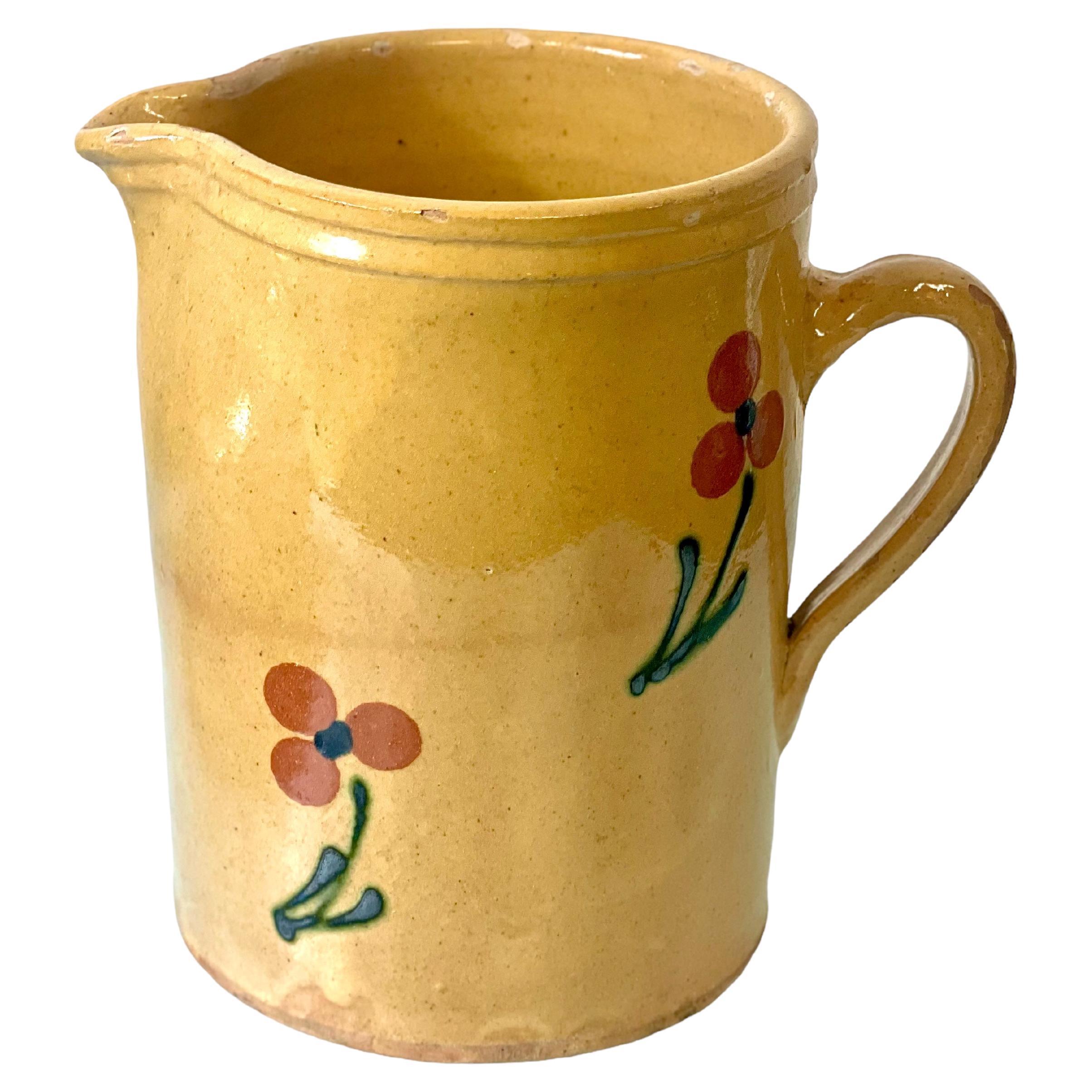 19th C. French Cream Glazed Terracotta Water Pitcher with Flowers For Sale