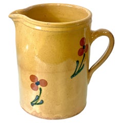 19th C. French Cream Glazed Terracotta Water Pitcher with Flowers