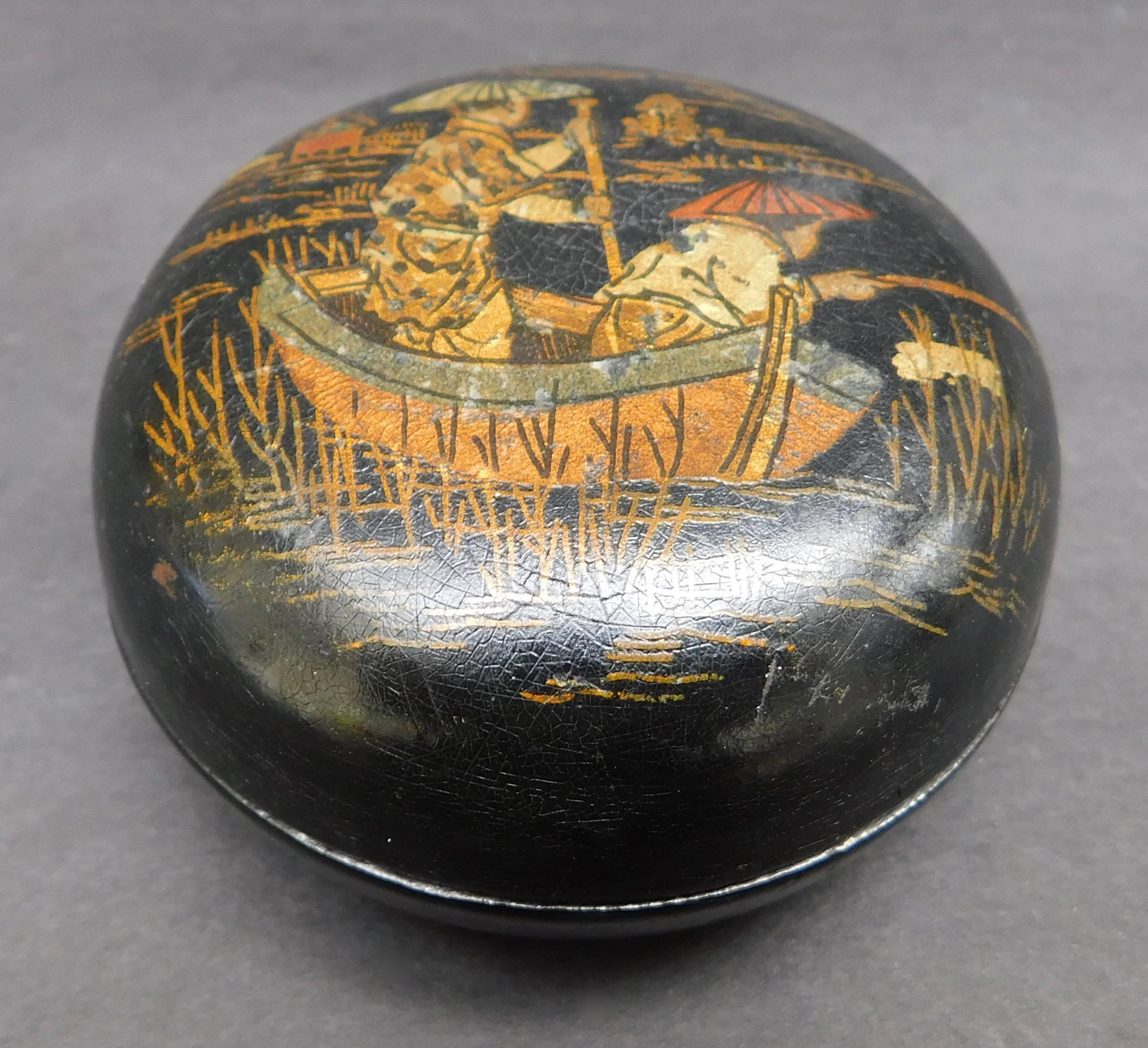  19th century French black papier mâché trinket box with decoupage chinoiserie scene. Elegant small size is perfect as a bedside table or desk accessory. 