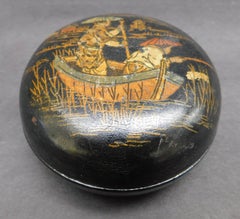 19th C French Decoupage Papier Mâché Box with Black and Gold Chinoiserie Décor