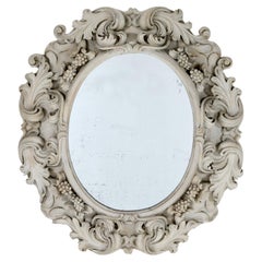 Antique 19th c. French Large Deeply Carved Oval Mirror with Original Mirror Plate