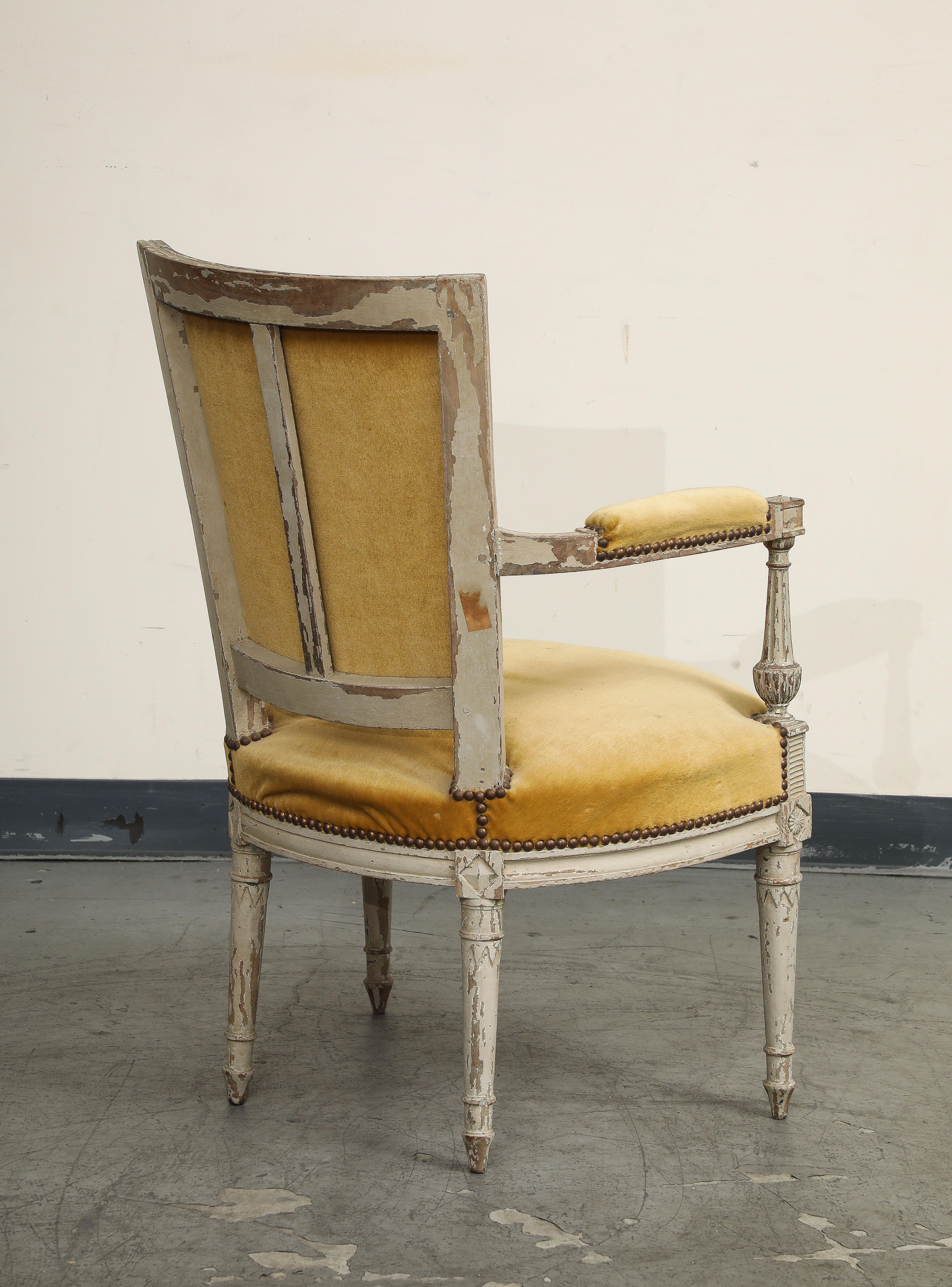 19th C. French Directoire Carved Walnut Armchair with Gold Velvet Upholstery For Sale 6