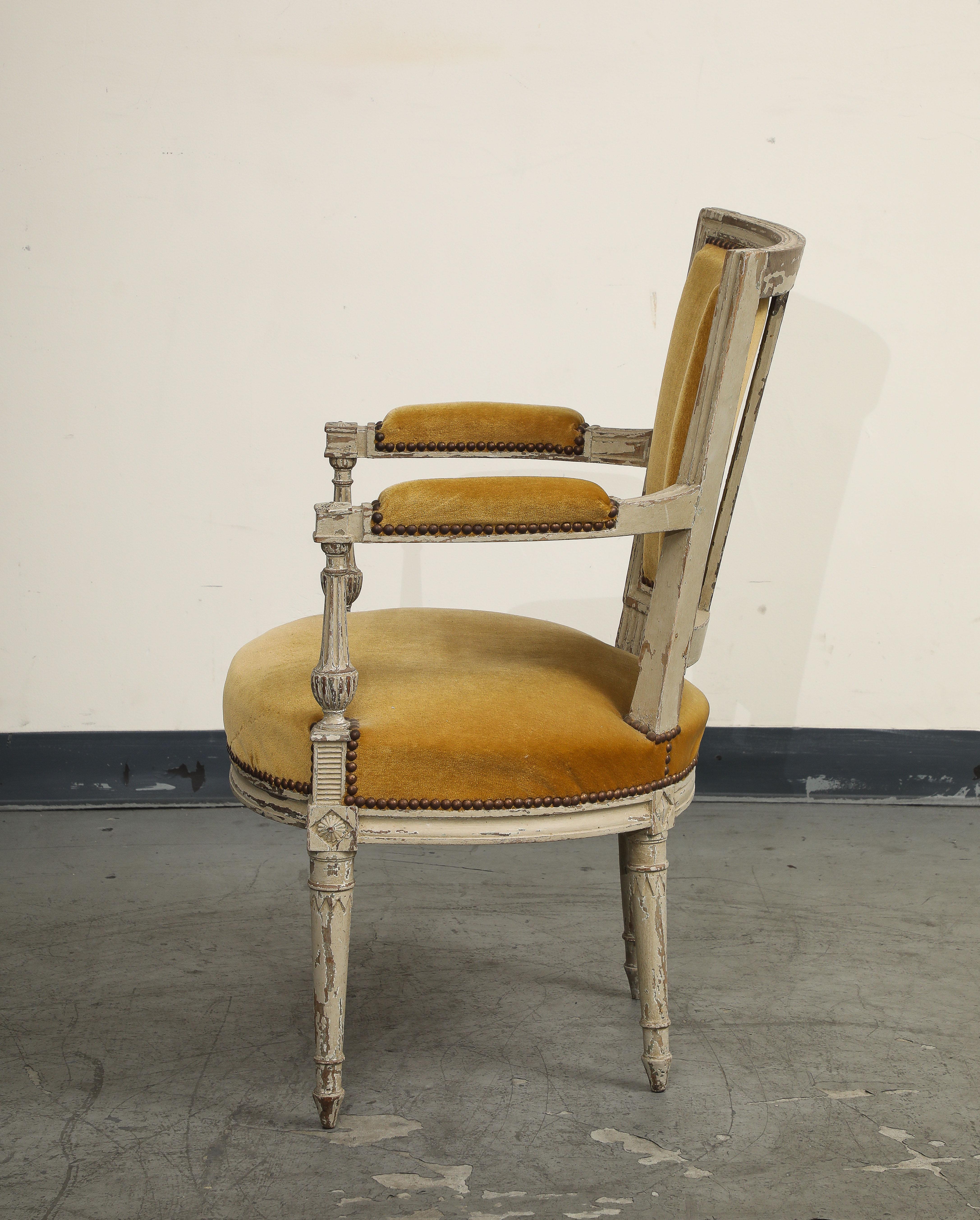 19th C. French Directoire Carved Walnut Armchair with Gold Velvet Upholstery For Sale 7