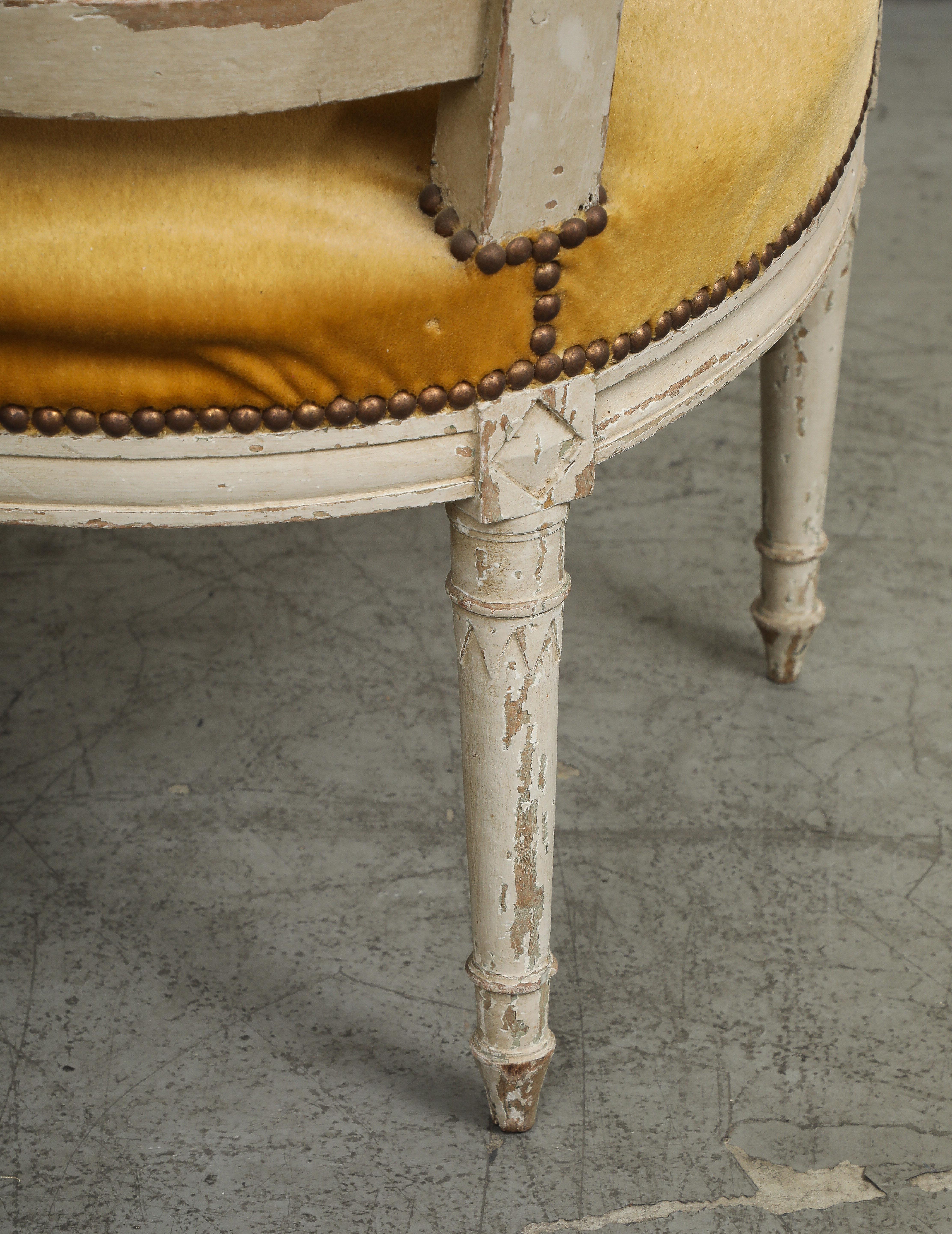 19th C. French Directoire Carved Walnut Armchair with Gold Velvet Upholstery For Sale 8