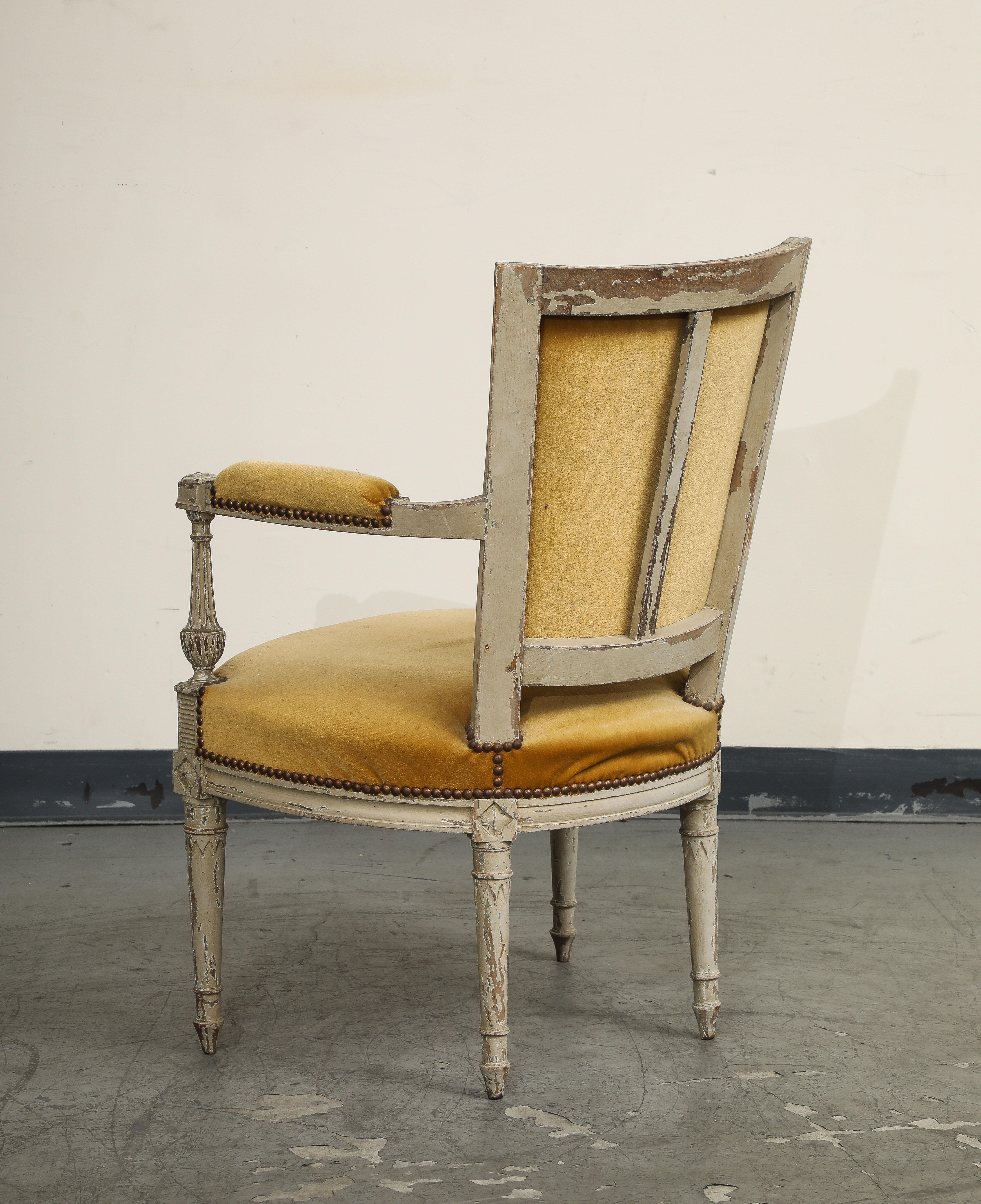 19th C. French Directoire Carved Walnut Armchair with Gold Velvet Upholstery For Sale 9