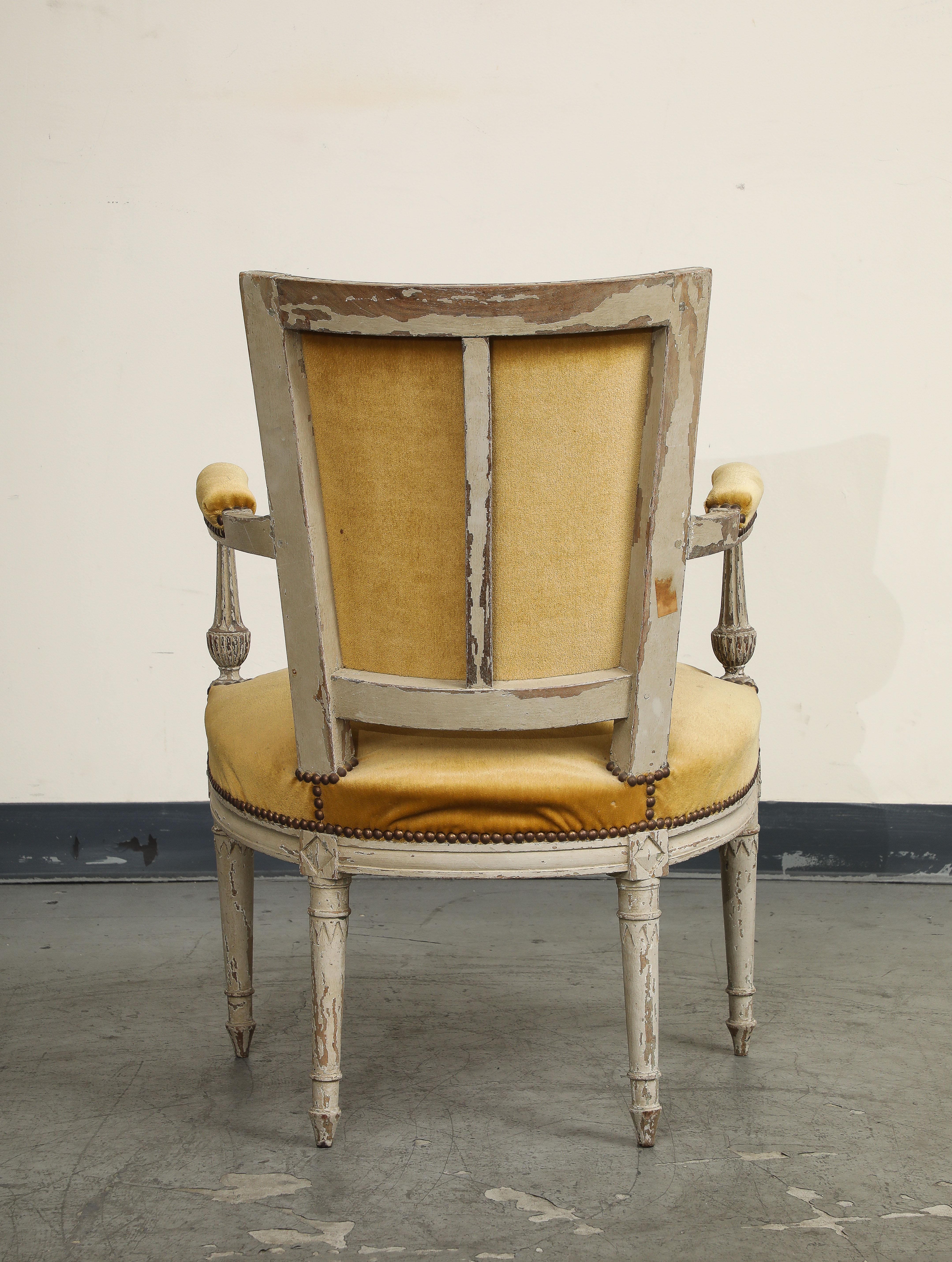 19th C. French Directoire Carved Walnut Armchair with Gold Velvet Upholstery For Sale 10