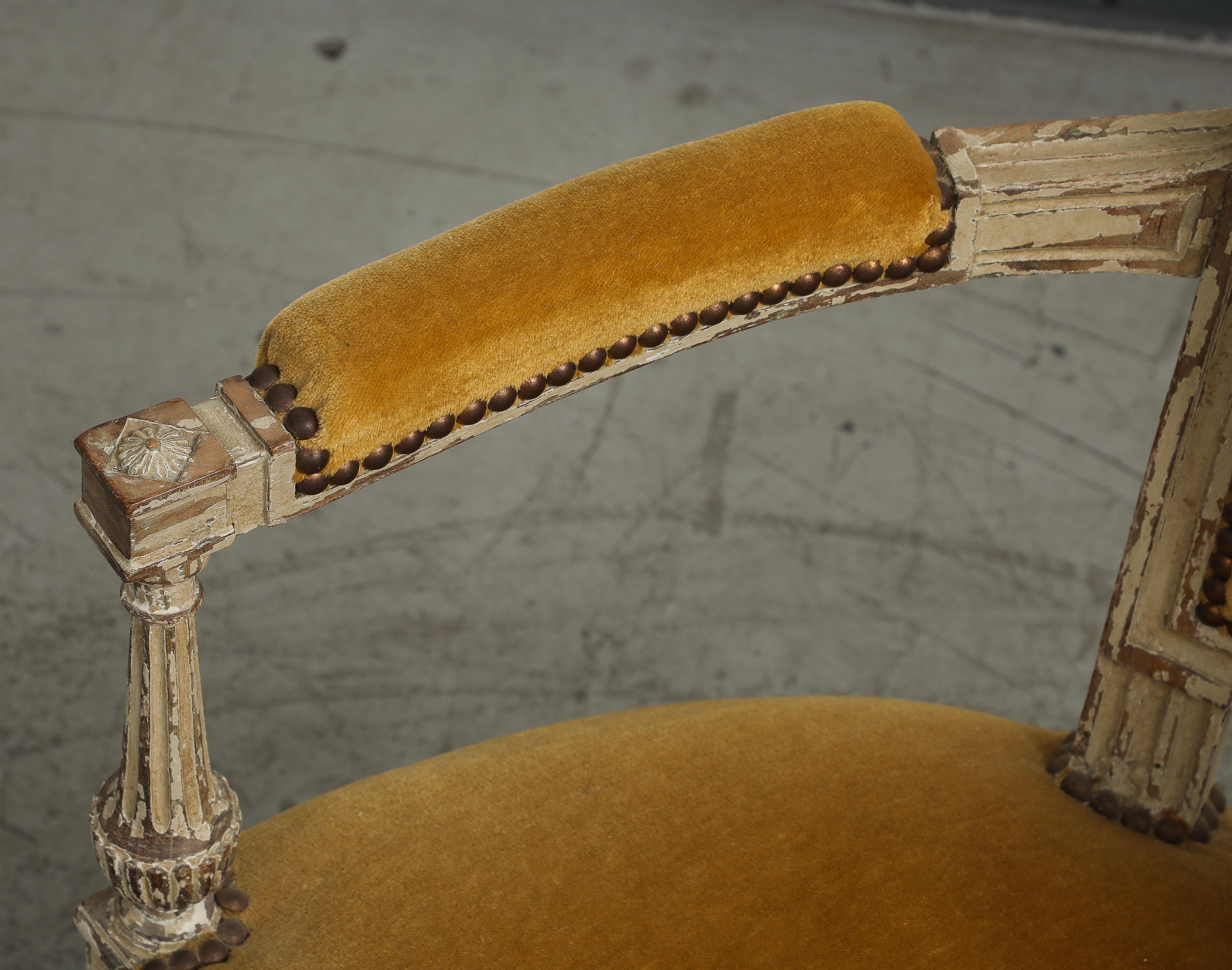 19th C. French Directoire Carved Walnut Armchair with Gold Velvet Upholstery For Sale 12