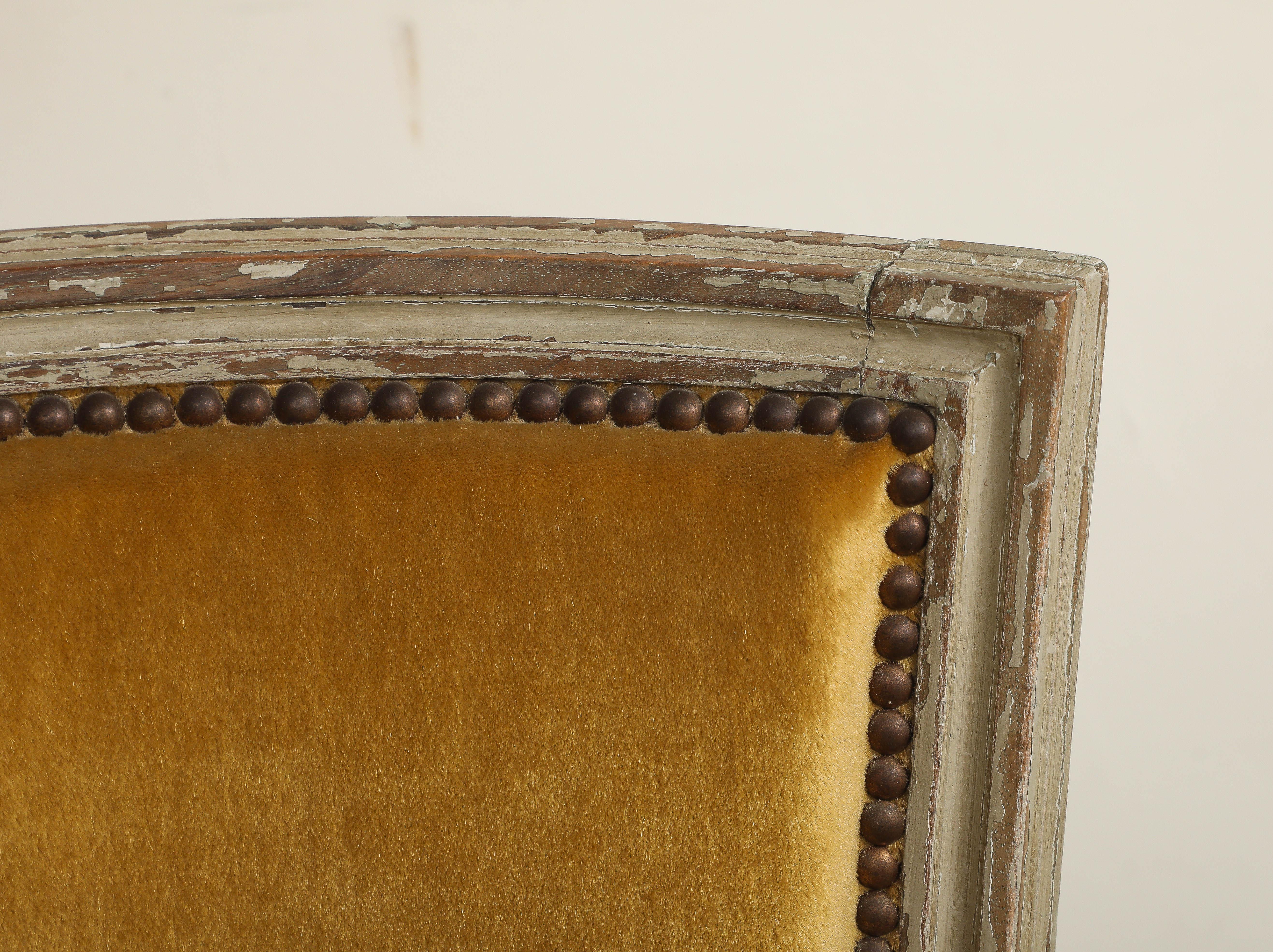 19th C. French Directoire Carved Walnut Armchair with Gold Velvet Upholstery In Good Condition For Sale In Chicago, IL