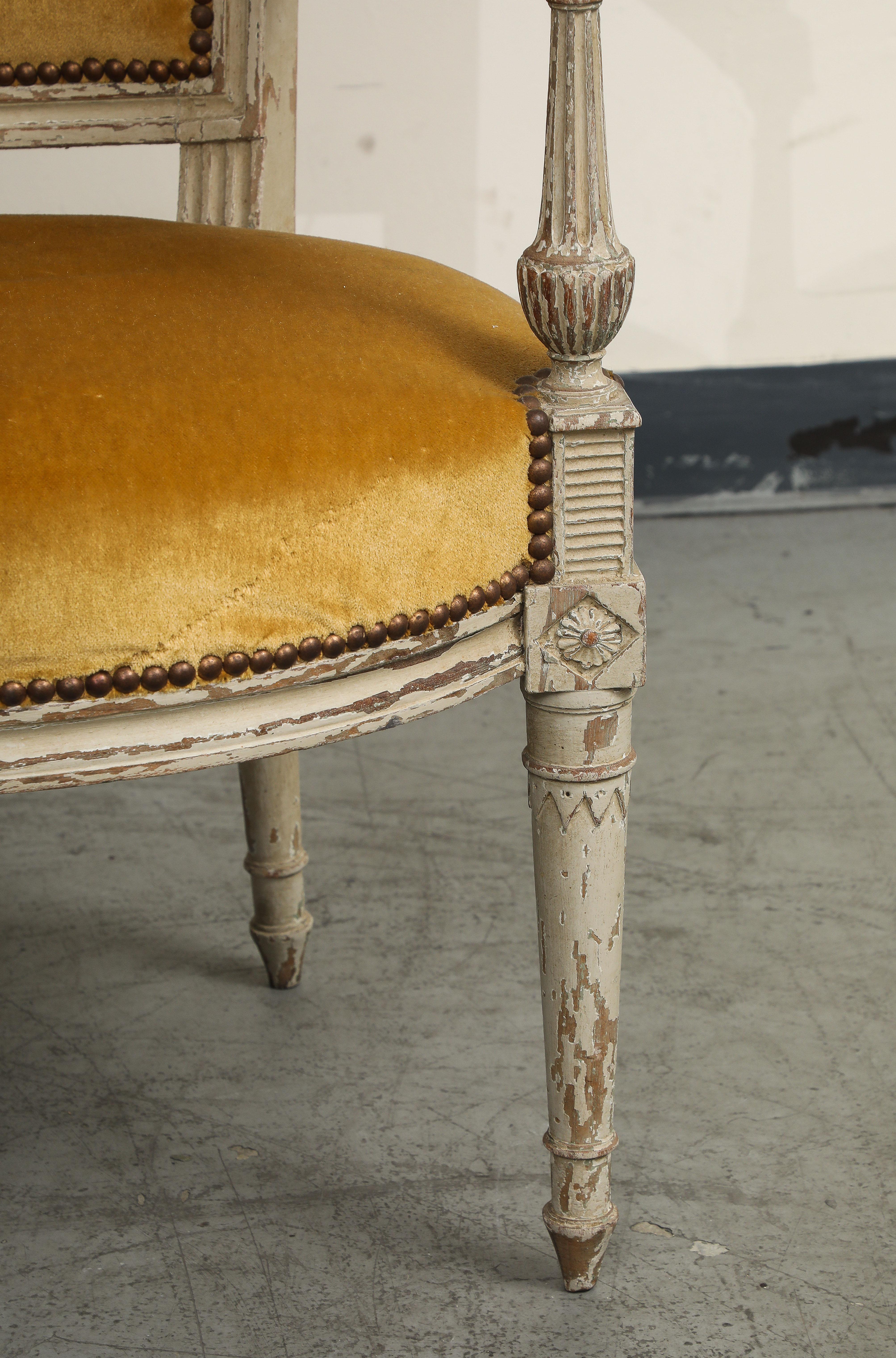 19th Century 19th C. French Directoire Carved Walnut Armchair with Gold Velvet Upholstery For Sale