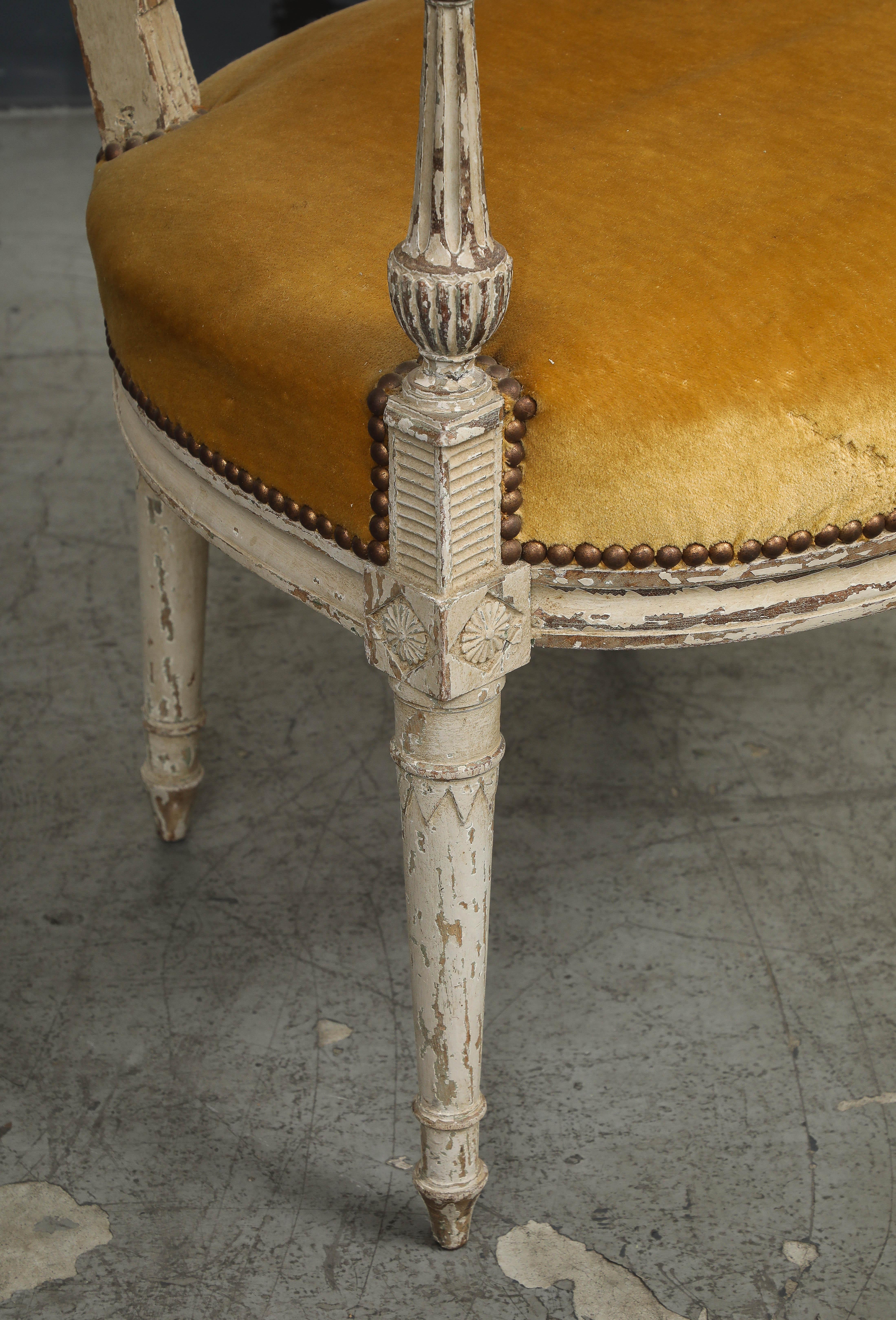 19th C. French Directoire Carved Walnut Armchair with Gold Velvet Upholstery For Sale 1