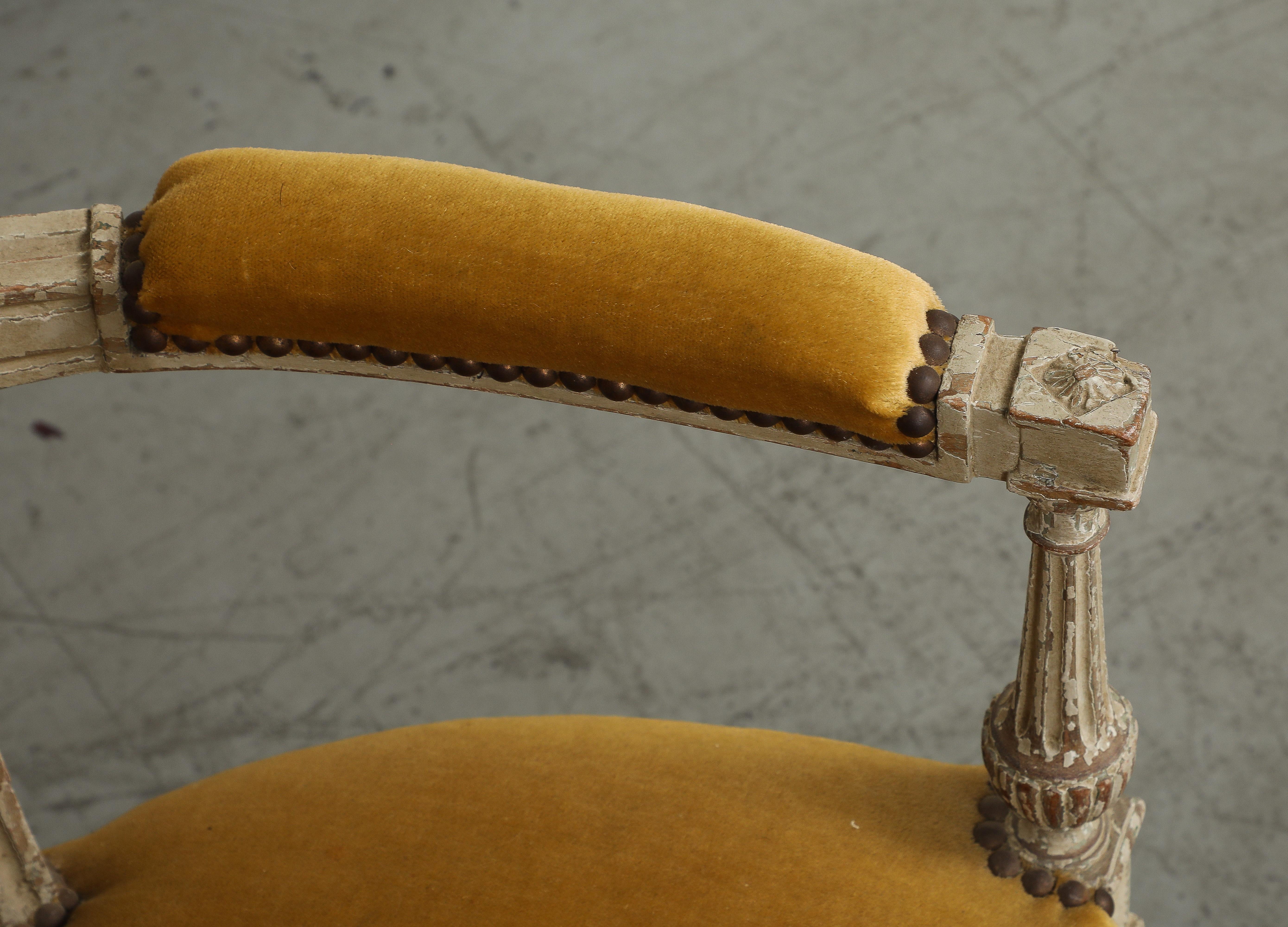 19th C. French Directoire Carved Walnut Armchair with Gold Velvet Upholstery For Sale 3