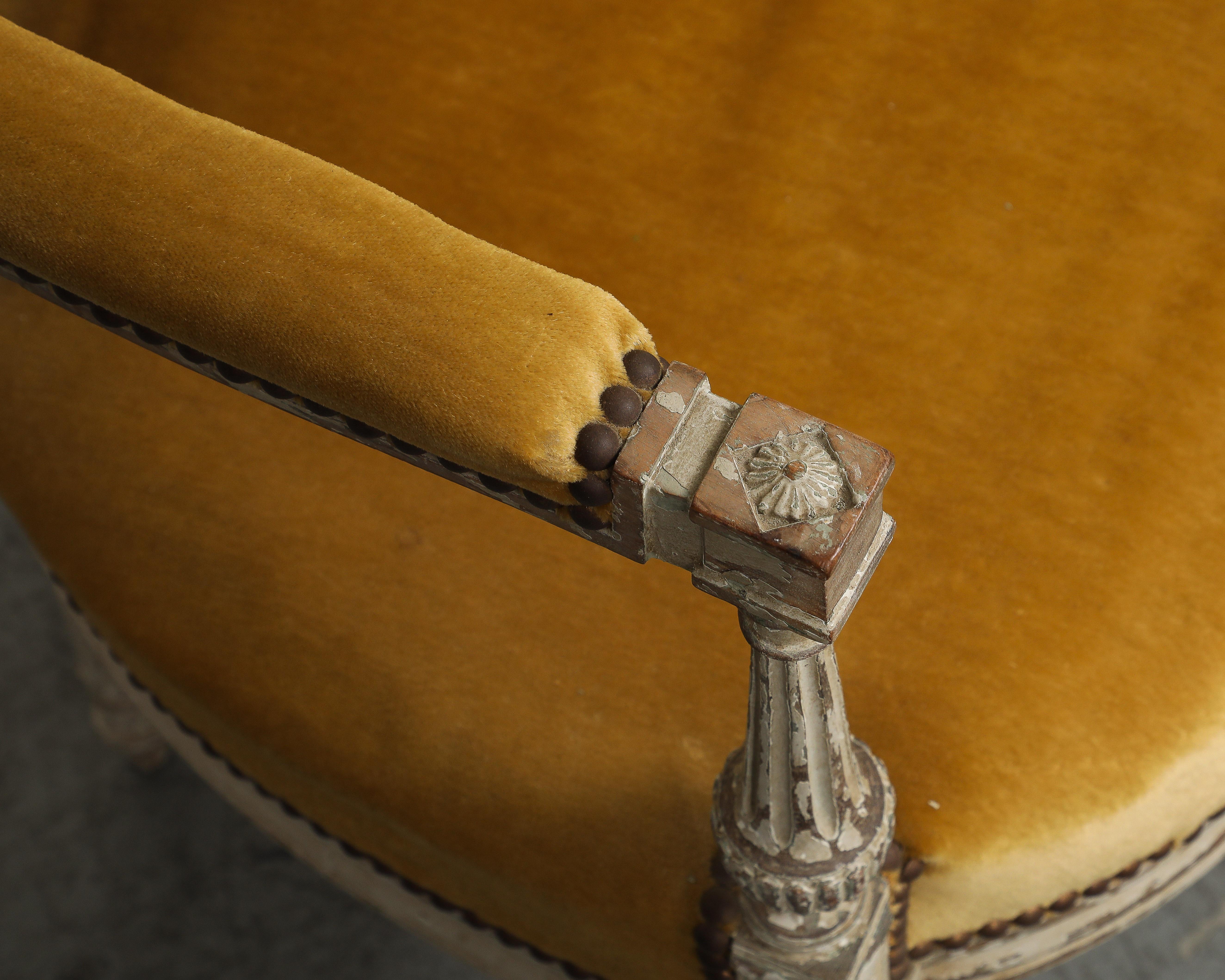 19th C. French Directoire Carved Walnut Armchair with Gold Velvet Upholstery For Sale 4